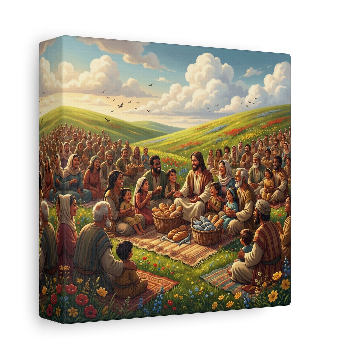Jesus Feeding The Multitude Canvas Wall Art - Bread And Fish Biblical Scene - Meadow Landscape Christian Home Decor - Matte Cotton Print For Living Room, Bedroom, Office, Meditation Space