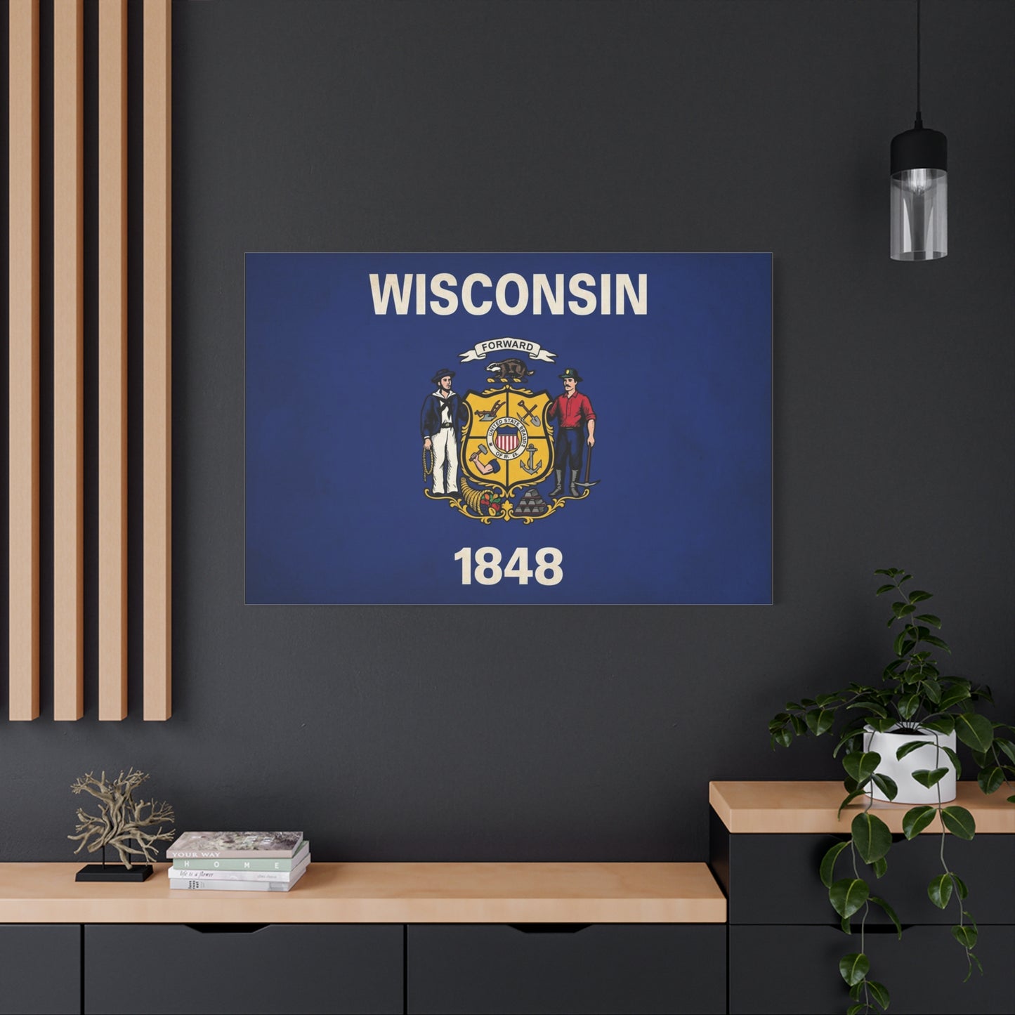 "Wisconsin" 1848 State Flag Canvas Wall Art - Wisconsin Pride Decor, Vintage Typography Banner Print - Patriotic Blue Wall Decor - Living Room Home Decoration - Ready to Hang - Bedroom Home Decoration