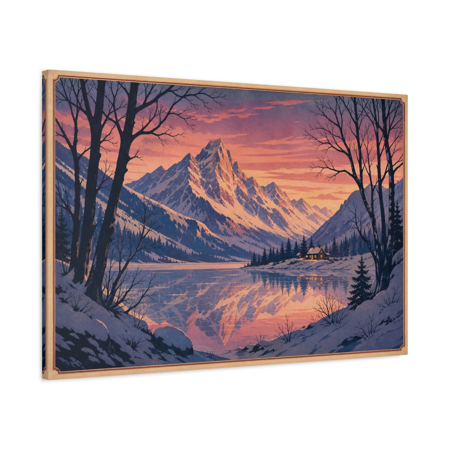 Snowy Mountain Lake Canvas Wall Art - Alpine Sunset Reflection Landscape Print, Rustic Winter Home Decor, Matte Finish Scenic Artwork For Living Room, Bedroom, Cabin Retreat - Living Room Wall Decor