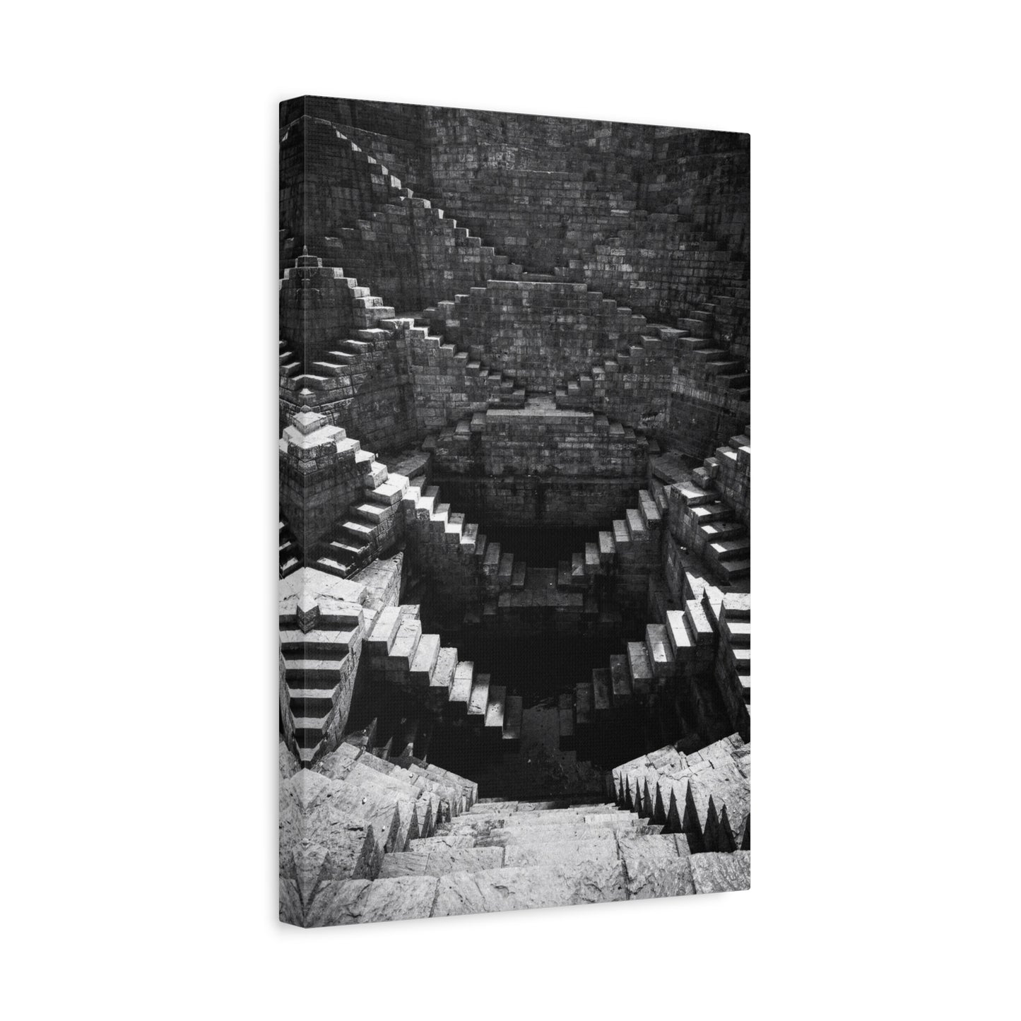Black And White Stepwell Canvas Wall Art - Architectural Staircase Art Print, Moody Monochrome Stone Geometry - Contemporary Wall Decor For Living Room, Office, Entryway - Ready to Hang