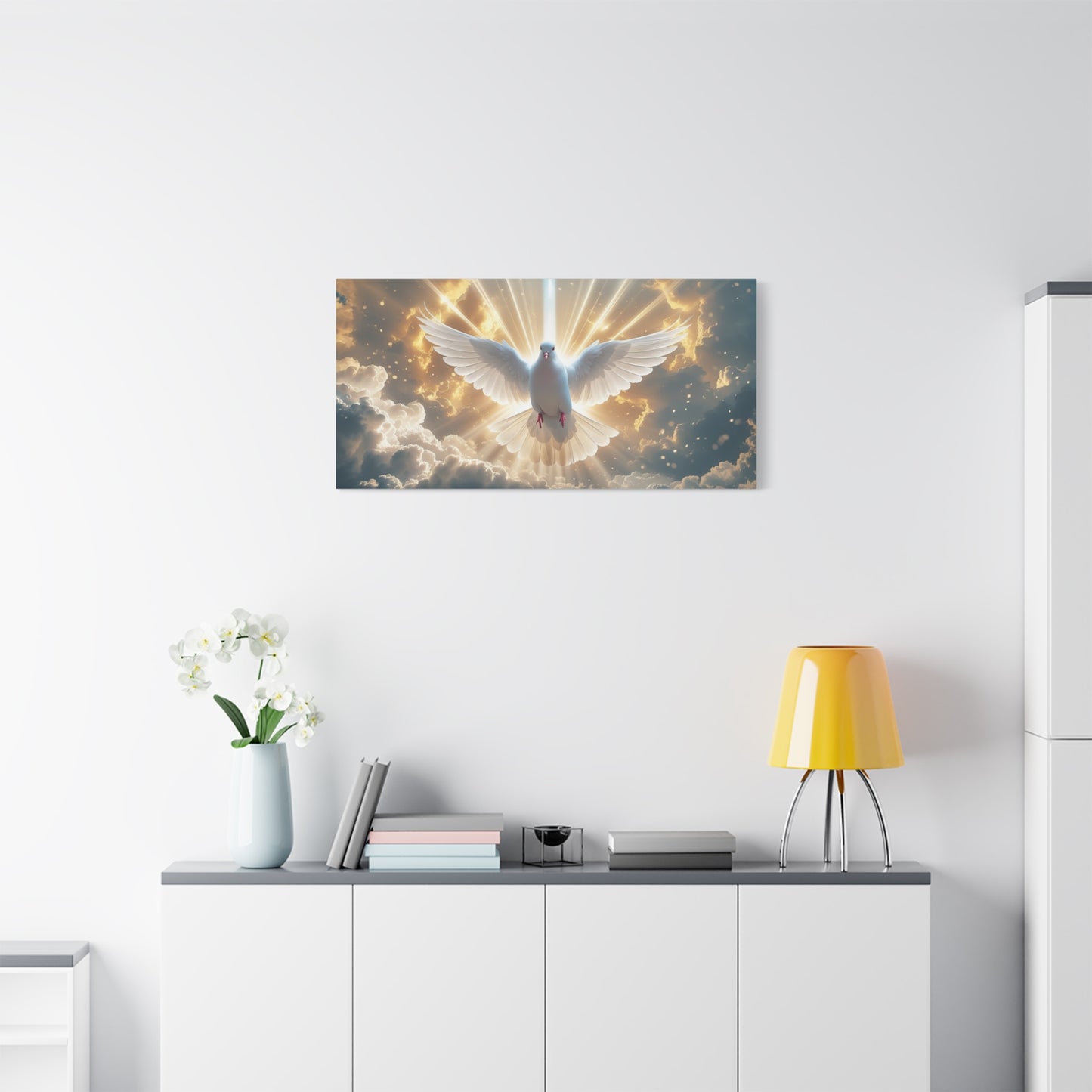 White Dove Canvas Wall Art - Holy Spirit Bird In Glowing Clouds, Radiant Sky Canvas Print - Golden Light Religious Decor - Living Room Home Decoration, Meditation Space Accent - Living Room Wall Decor
