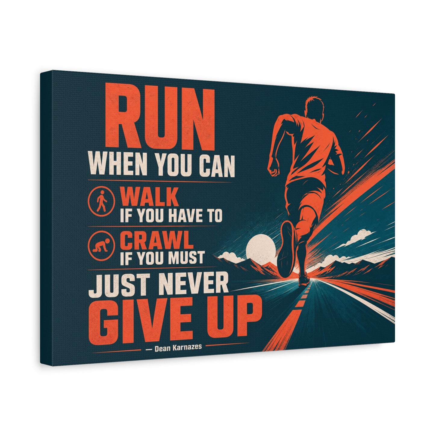 "Run When Able Walk If Needed Crawl If Required Just Never Give Up" Motivational Canvas Wall Art - Runner Road Quote Print, Retro Typography, Gym Wall Hanging - Ready to Hang - Fitness Studio Art