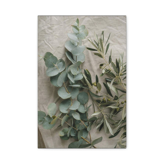 Eucalyptus And Olive Branch Canvas Wall Art - Botanical Still Life, Soft Sage Beige Tones - Matte Cotton Print, Minimalist Traditional Style - Bedroom Decoration, Spa Accent - Living Room Wall Decor