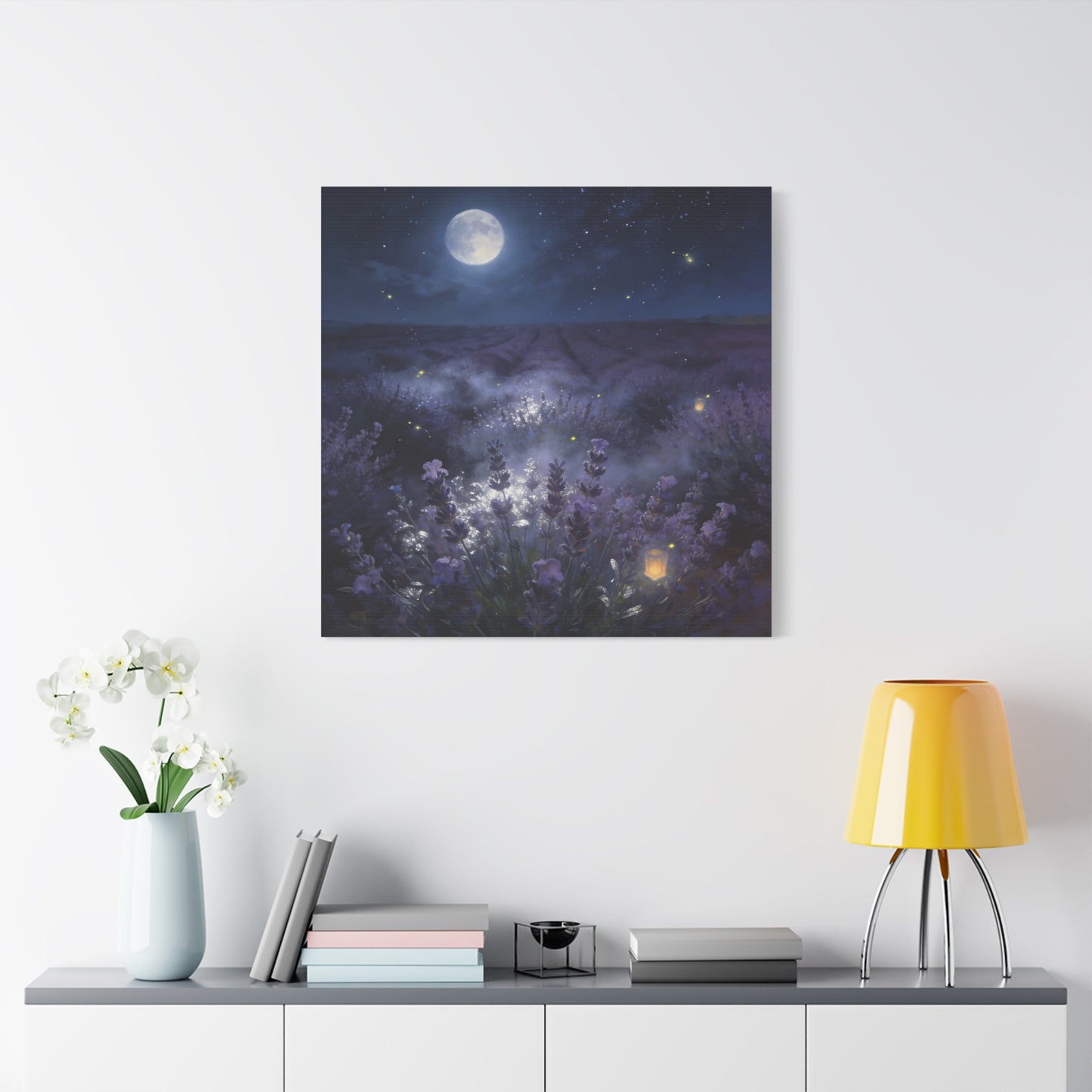 Moonlit Lavender Field Canvas Wall Art - Firefly Night Landscape, capiz shells wall decor - Matte Cotton Art Print, Calming Traditional Style - Bedroom Home Decoration, Office Wall Art - Ready to Hang