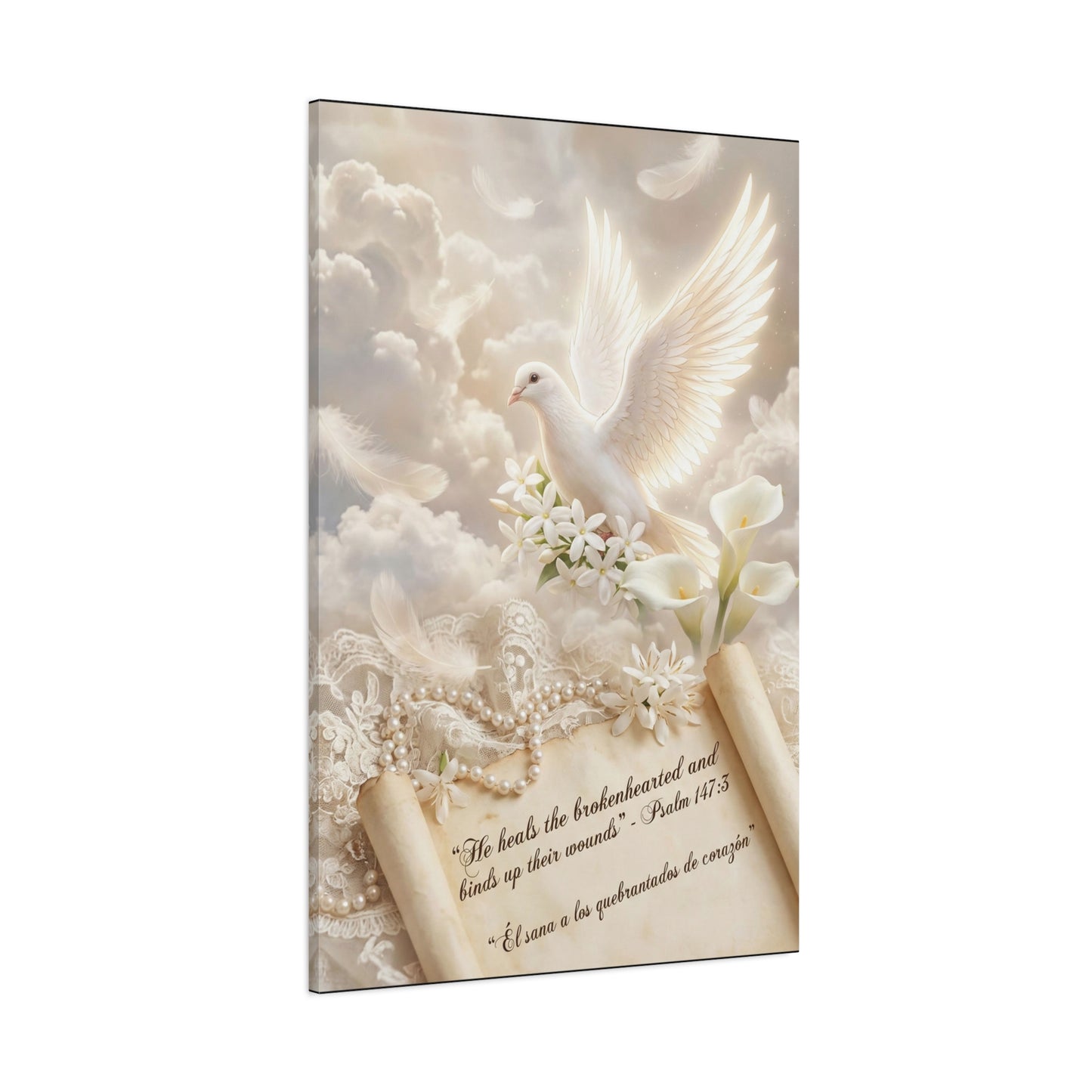 "He Heals The Brokenhearted And Binds Up Their Wounds" Dove Canvas Wall Art - Psalm 147:3 Scripture, White Lily Floral Design - Traditional Religious Decor For Bedroom - Office Wall Art