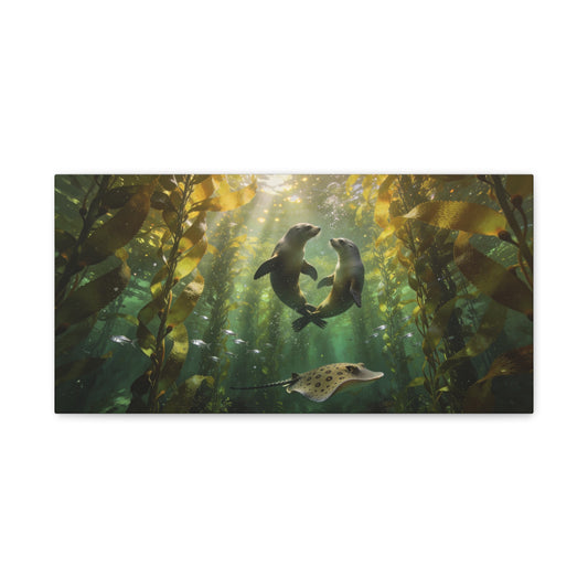 Sea Lion Kelp Forest Canvas Wall Art - Underwater Ocean Wildlife Print, Sunbeam Marine Scene, Matte Cotton Decor - Coastal Style Living Room Wall Decor, Bedroom Home Decoration - Cozy Reading Nook Art