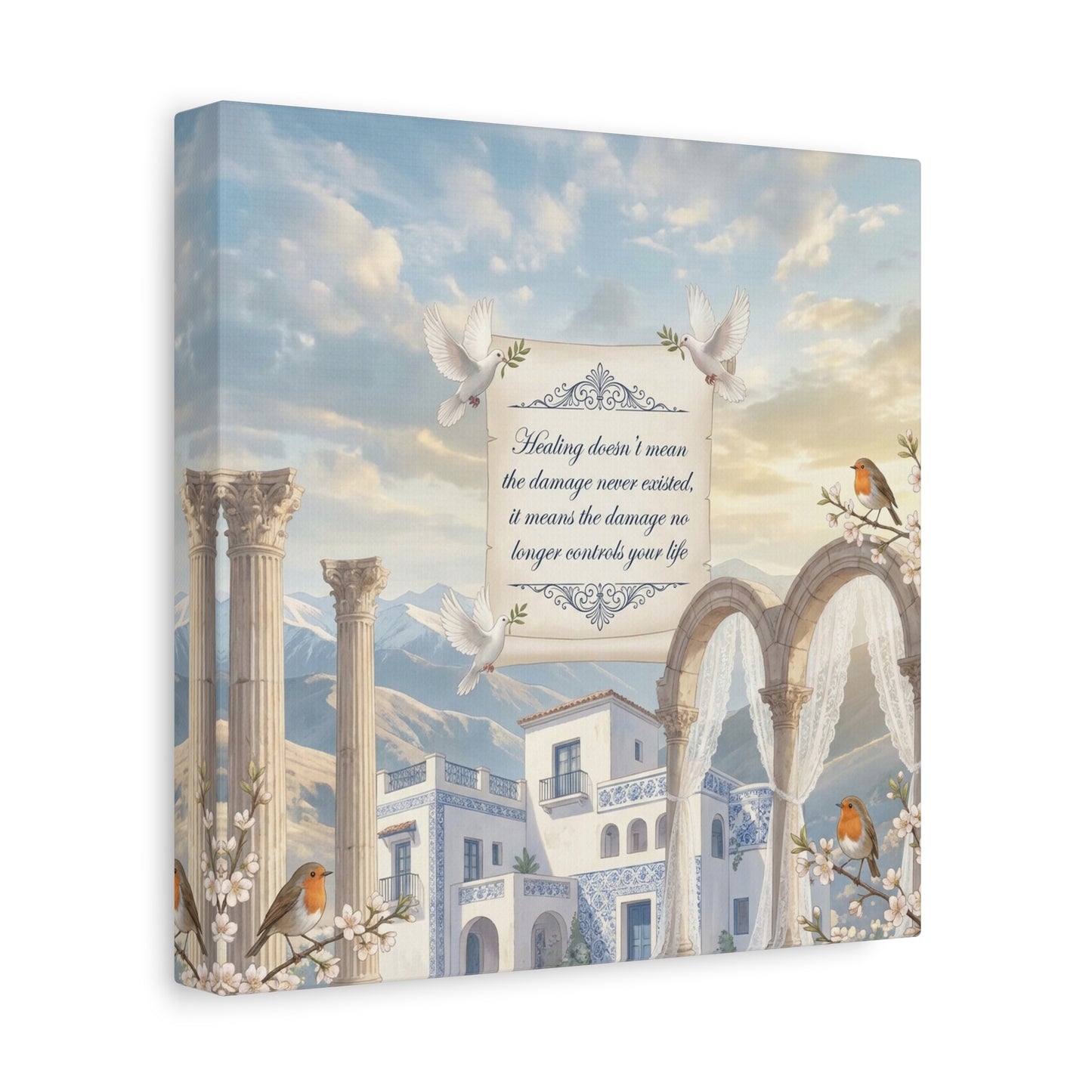 "The Damage No Longer Controls Your Life" Inspirational Canvas Wall Art - Doves, Robins, Classical Arches, Mountain Villa Quote Print - Matte Finish Canvas - Bedroom Home Decoration, Meditation Space