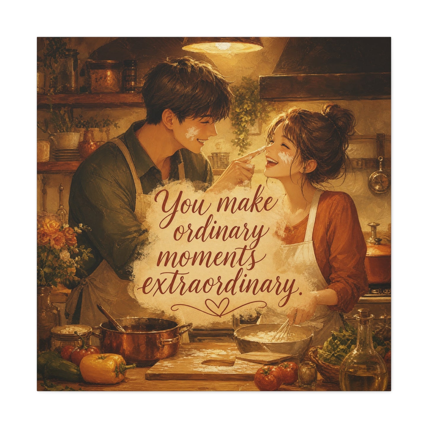 "You Make Ordinary Moments Extraordinary" Couple Canvas Wall Art - Romantic Kitchen Scene, Warm Vintage Illustration Print - Cozy Living Room Decor, Farmhouse Home Accent - Living Room Wall Decor
