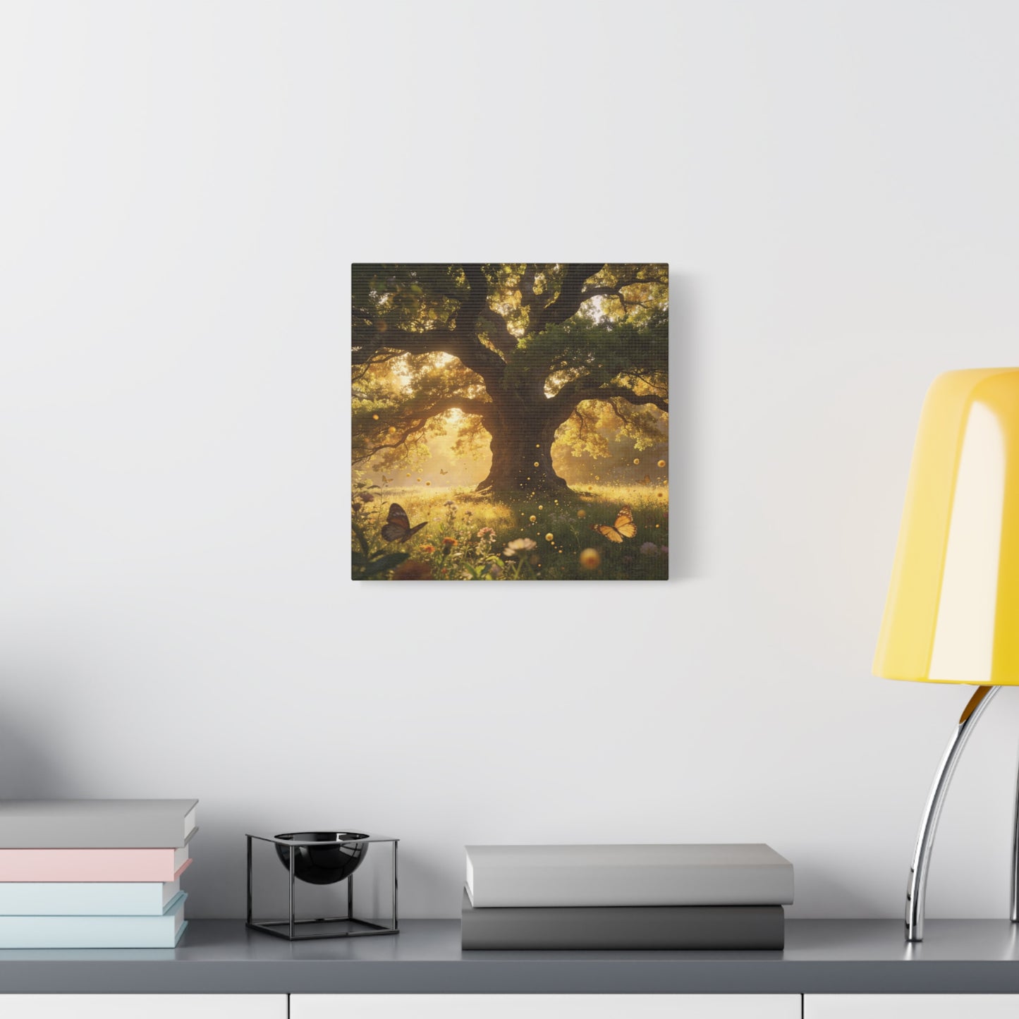 Sunlit Oak Tree Canvas Wall Art - Golden Meadow Butterflies, Nature Landscape Print - Matte Cotton Art Print, Traditional Style - Living Room Wall Decor, Bedroom Home Decoration - Ready to Hang