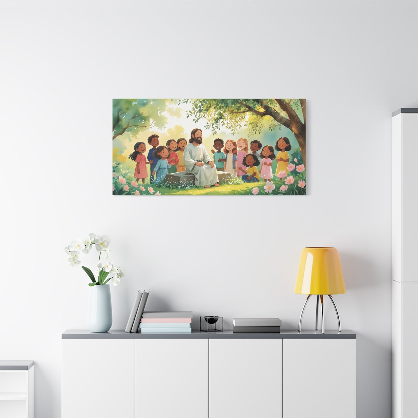 Jesus With Children Canvas Wall Art - Sunlit Garden Faith Illustration, Christian Nursery Decor, Matte Cotton Print, Traditional Style - Kids Room, Classroom, Living Room Wall Decor - Ready to Hang
