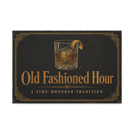 "Old Fashioned Hour" Canvas Wall Art - Vintage Whiskey Glass Quote Print, Art Deco Bar Cart Decor - Matte Cotton Wall Hanging - Speakeasy Lounge Style, Home Bar - Ready to Hang - Cocktail Lounge Decor