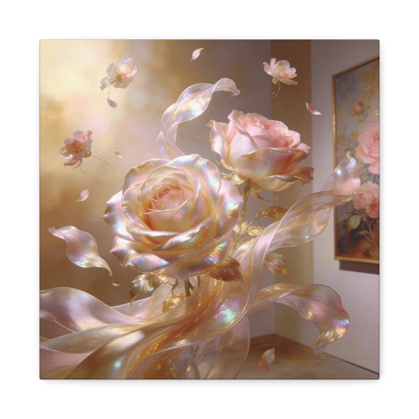 Iridescent Pink Rose Canvas Wall Art - Pearlescent Floral Wall Decor, Dreamy Botanical Home Decoration - Luminous Matte Canvas Print - Romantic Contemporary Style, Bedroom Accent - Ready to Hang