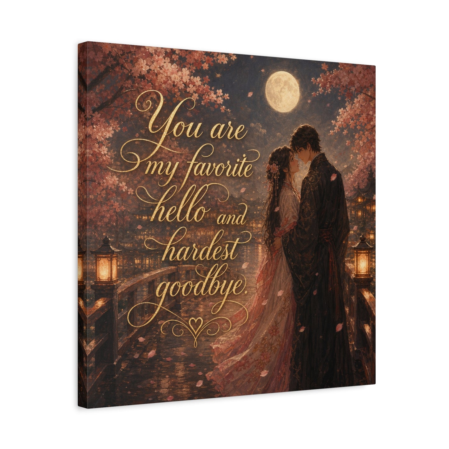 "You Are My Favorite Hello And Hardest Goodbye" Romantic Canvas Wall Art - Moonlit Cherry Blossom Couple, Gold Script Quote Print - Traditional Love Decor, Bedroom Wall Hanging - Cozy Reading Nook Art