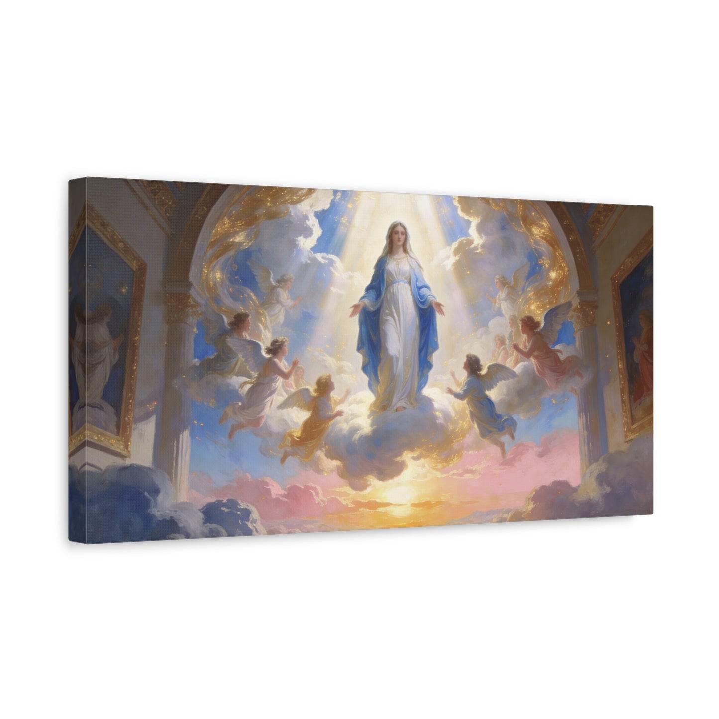 Virgin Mary Canvas Wall Art - Heavenly Religious Painting With Angels, Blue And Gold Clouds - Matte Cotton Canvas Print - Traditional Sacred Style For Bedroom Living Room Decor - Office Wall Art
