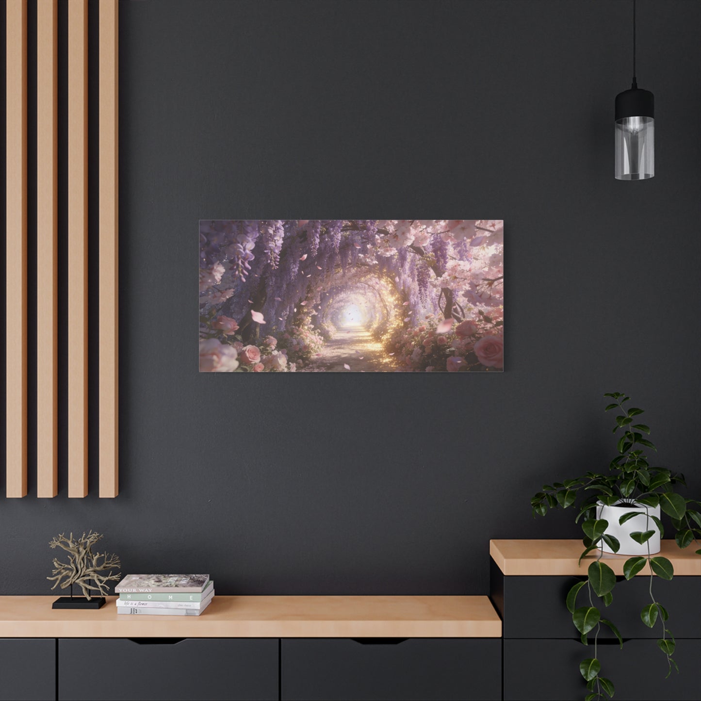 Wisteria Blossom Tunnel Canvas Wall Art - Cherry Blossom Garden Path, Ethereal Floral Wall Decor - Dreamy Matte Canvas Print - Romantic Bedroom Home Decoration, Living Room Accent - Ready to Hang