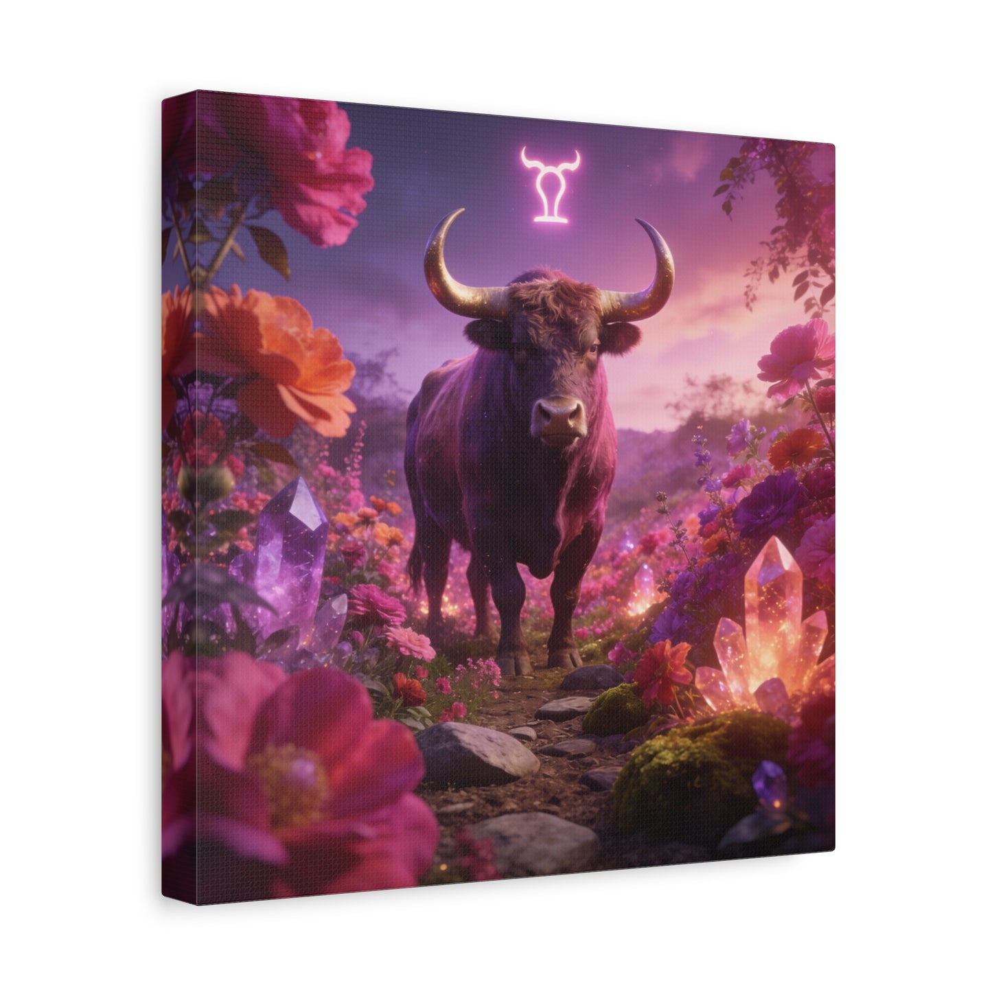 Taurus Zodiac Bull Canvas Wall Art - Neon Taurus Symbol, Floral Crystal Fantasy Print - Dreamy Purple Pink Celestial Decor - Bedroom Home Decoration, Bohemian Living Room Accent - Office Wall Art