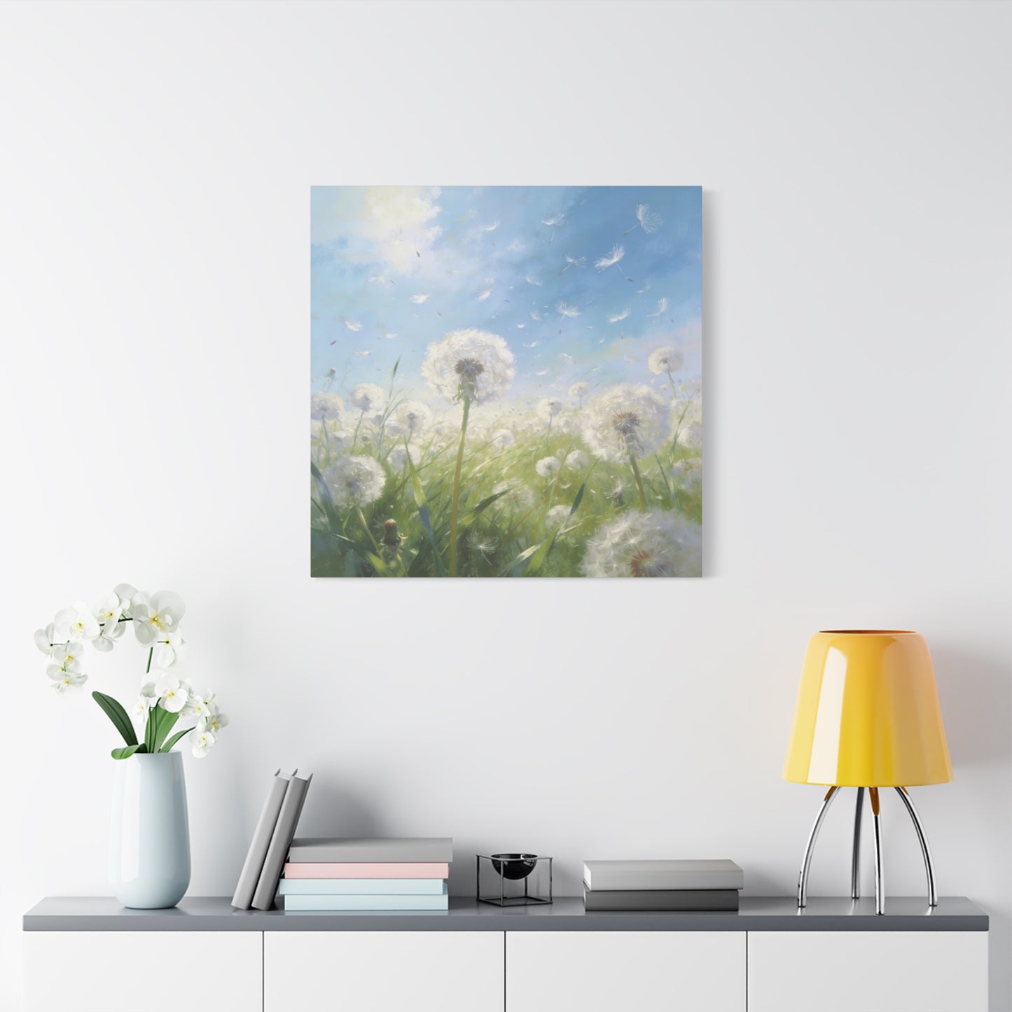 Dandelion Meadow Canvas Wall Art - Blue Sky Botanical Canvas Print, Soft Pastel Nature Wall Decor - Matte Cotton Artwork - Bedroom Home Decoration, Living Room Accent - Bedroom Home Decoration