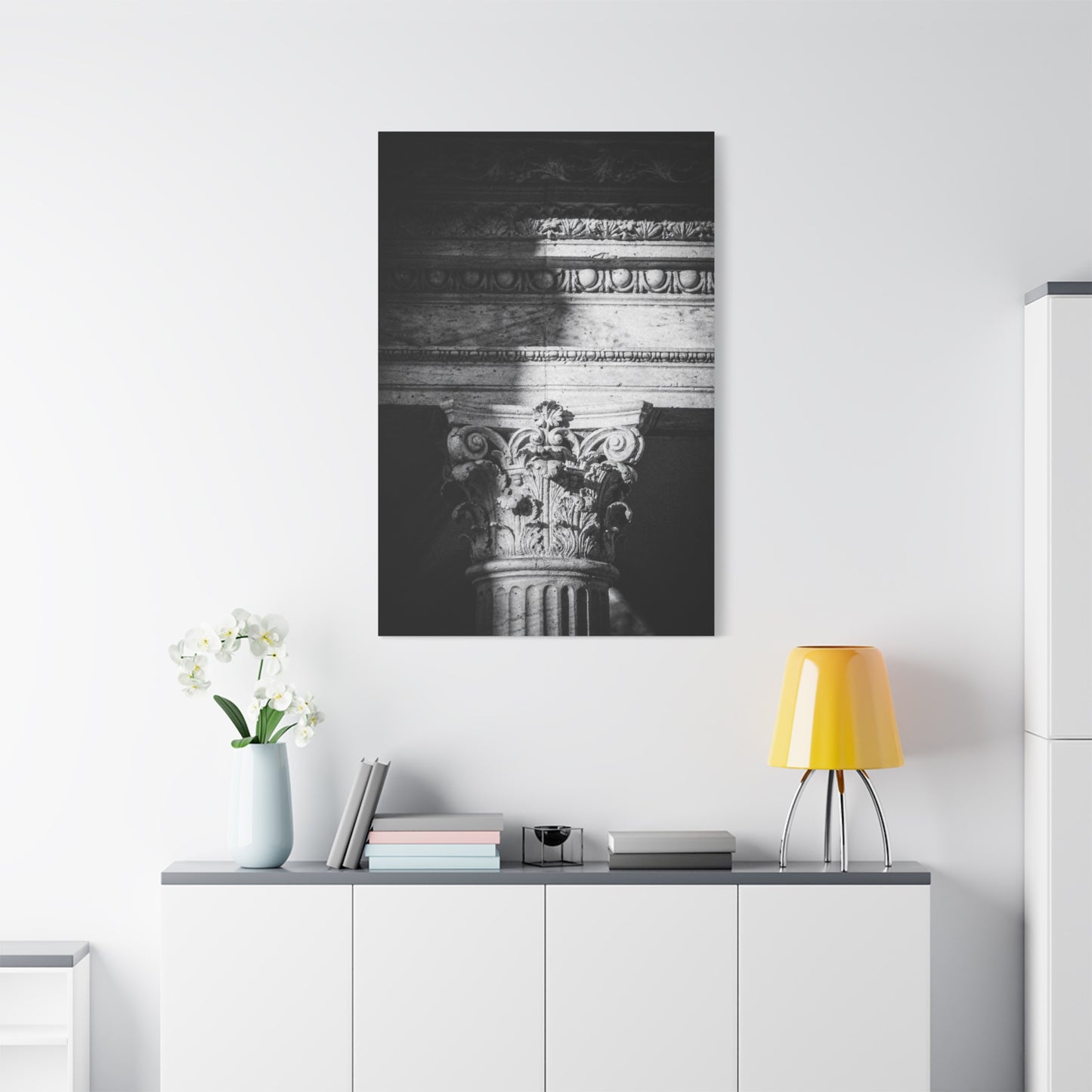 Black And White Corinthian Column Canvas Wall Art - Architectural Art Print, Dramatic Light And Shadow, Matte Cotton Decor - Minimalist Living Room Wall Decor, Office Art - Ready to Hang