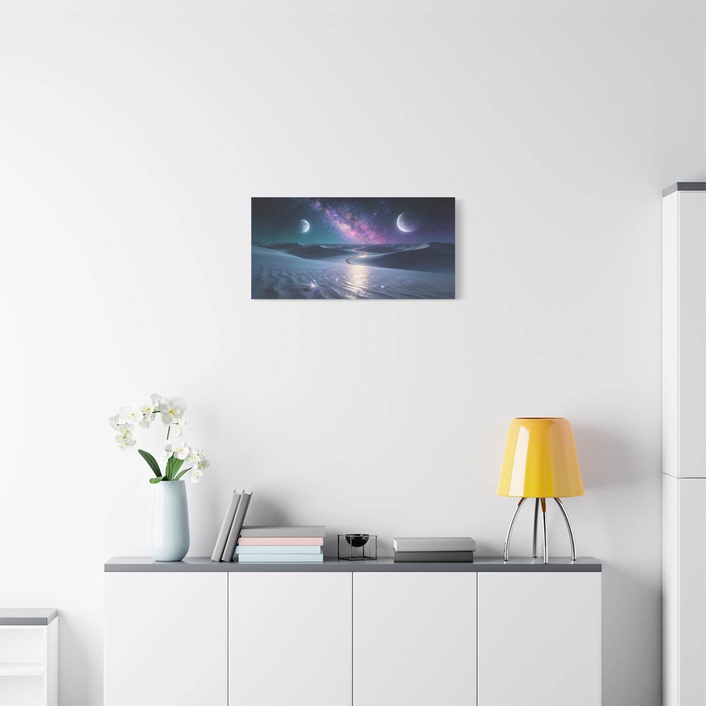 Celestial Desert Canvas Wall Art - Milky Way, Twin Moons, Luminous Dunes - Surreal Nightscape Cotton Print - Contemporary Style, Bedroom Home Decoration, Office Wall Decor - Bedroom Home Decoration