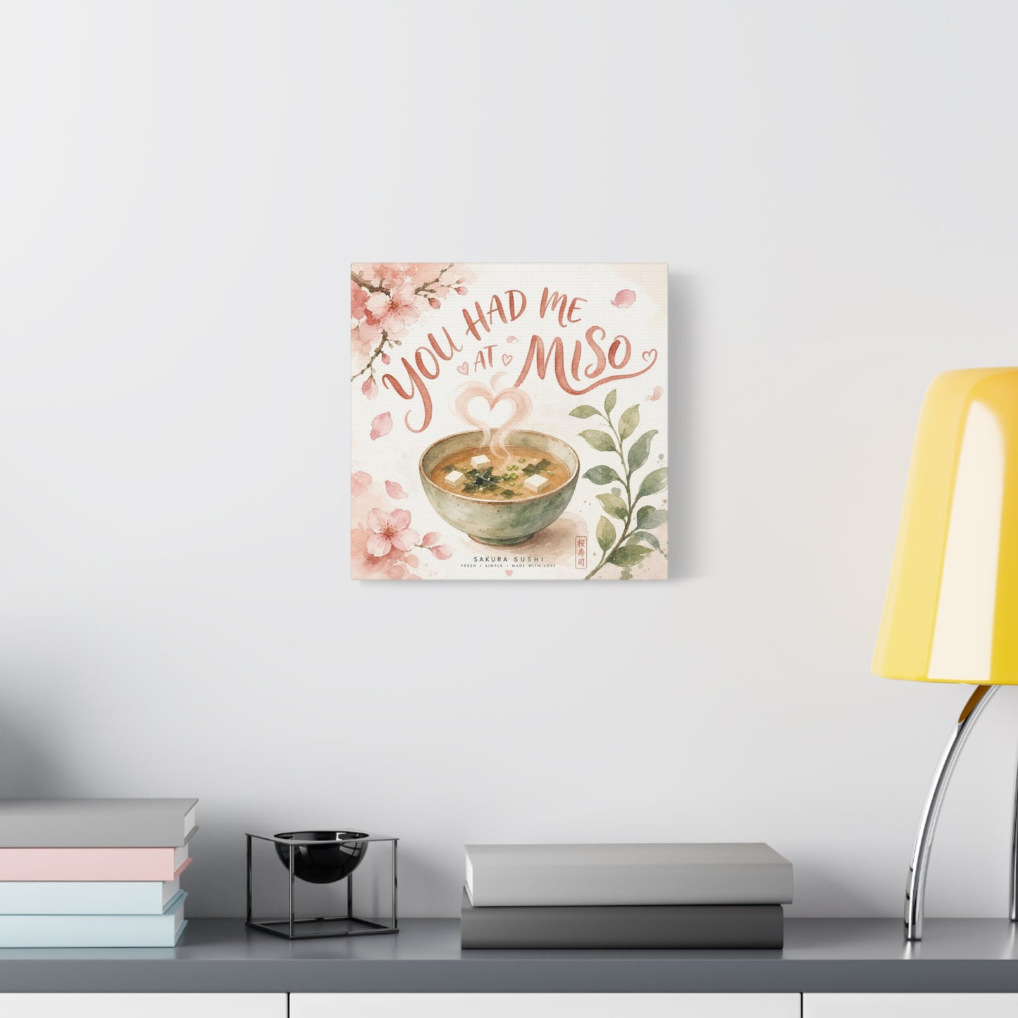 "You Had Me At Miso" Canvas Wall Art - Watercolor Soup Bowl, Cherry Blossom Typography - Japanese Food Illustration, Pink Botanical Style - Kitchen Wall Decor, Dining Room Accent - Ready to Hang