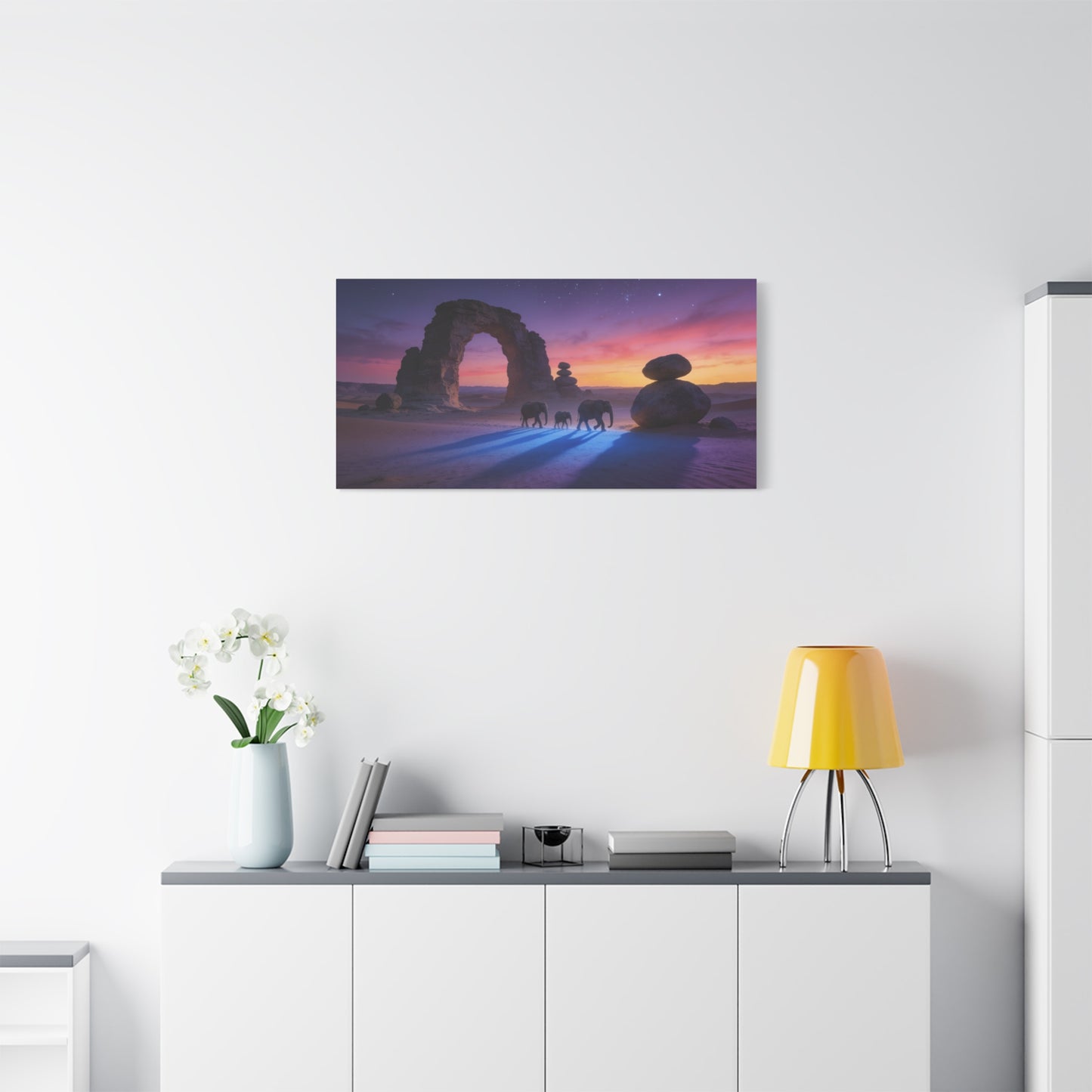 Desert Elephant Canvas Wall Art - Rock Arch Sunset Landscape, Surreal Starry Sky - Matte Cotton Art Print - Contemporary Style, Living Room Wall Decor, Bedroom Home Decoration - Modern Farmhouse Style
