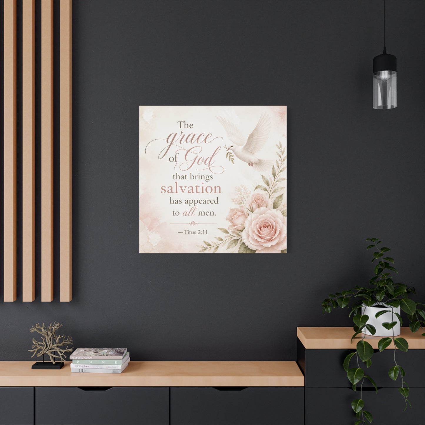 "The Grace Of God That Brings Salvation Has Appeared To All Men" Canvas Wall Art - Dove, Roses, Titus 2:11 Scripture Print - Blush Floral Christian Decor - Bedroom Living Room Accent - Office Wall Art
