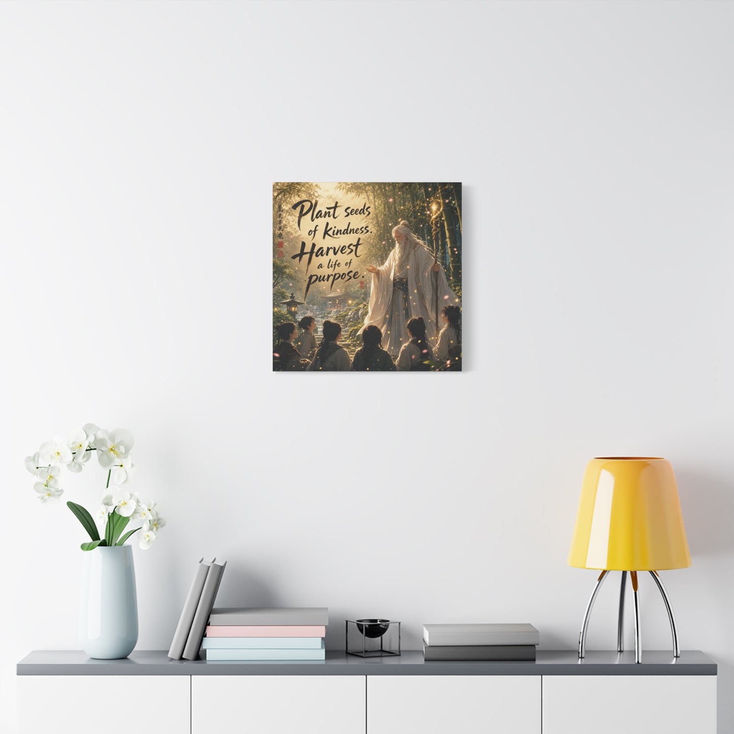 "Plant Seeds Of Kindness. Harvest A Life Of Purpose." Zen Canvas Wall Art - Wise Elder In Bamboo Garden, Inspirational Typography Print - Traditional Style, Bedroom Meditation Decor - Office Wall Art