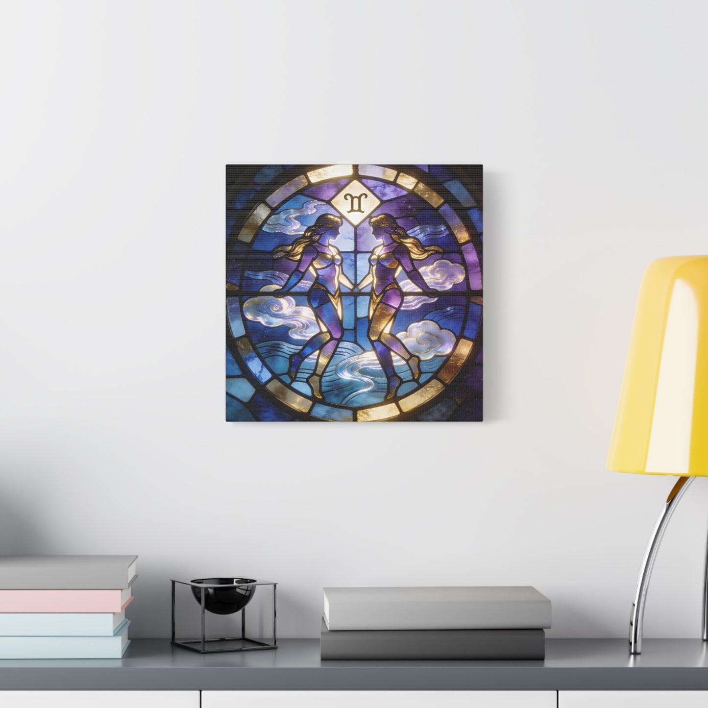 Gemini Zodiac Canvas Wall Art - Stained Glass Twin Women Celestial Print, Blue Purple Gold Astrology Decor - Modern Mystical Artwork - Bedroom Home Decoration Office Wall Art - Bedroom Home Decoration