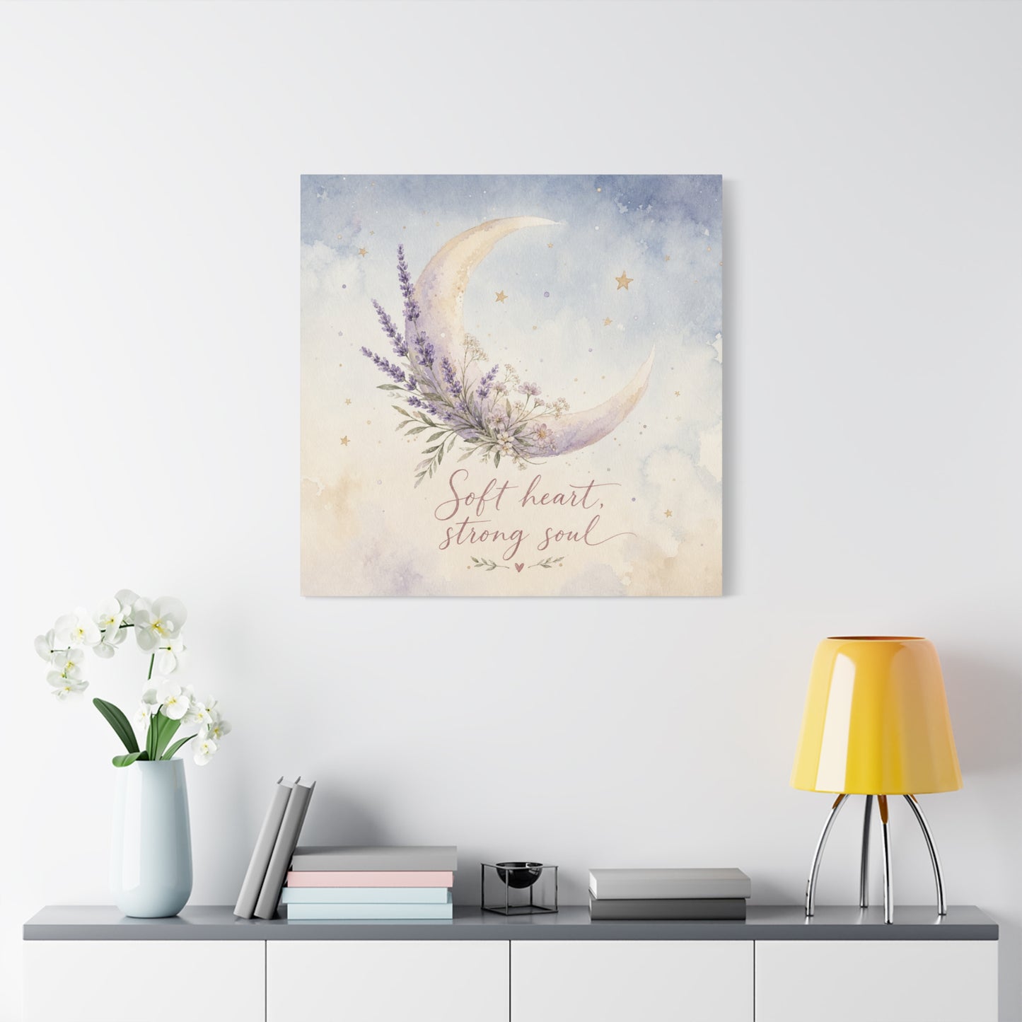 "Soft Heart, Strong Soul" Moon Canvas Wall Art - Lavender Floral Celestial Quote Print - Watercolor Nursery Bedroom Decor - Bohemian Home Decoration - Office Wall Art - Bedroom Home Decoration