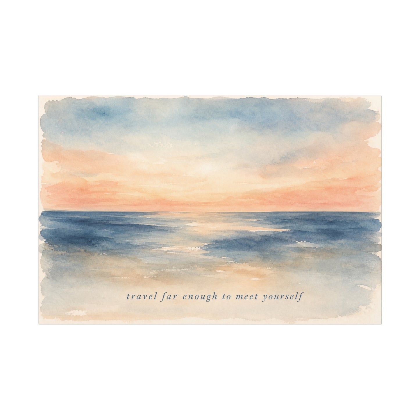 "Travel Far Enough To Meet Yourself" Coastal Canvas Wall Art - Watercolor Ocean Sunset Quote Print - Serene Beach Seascape Decor - Bedroom Living Room Wall Decor - Bedroom Home Decoration