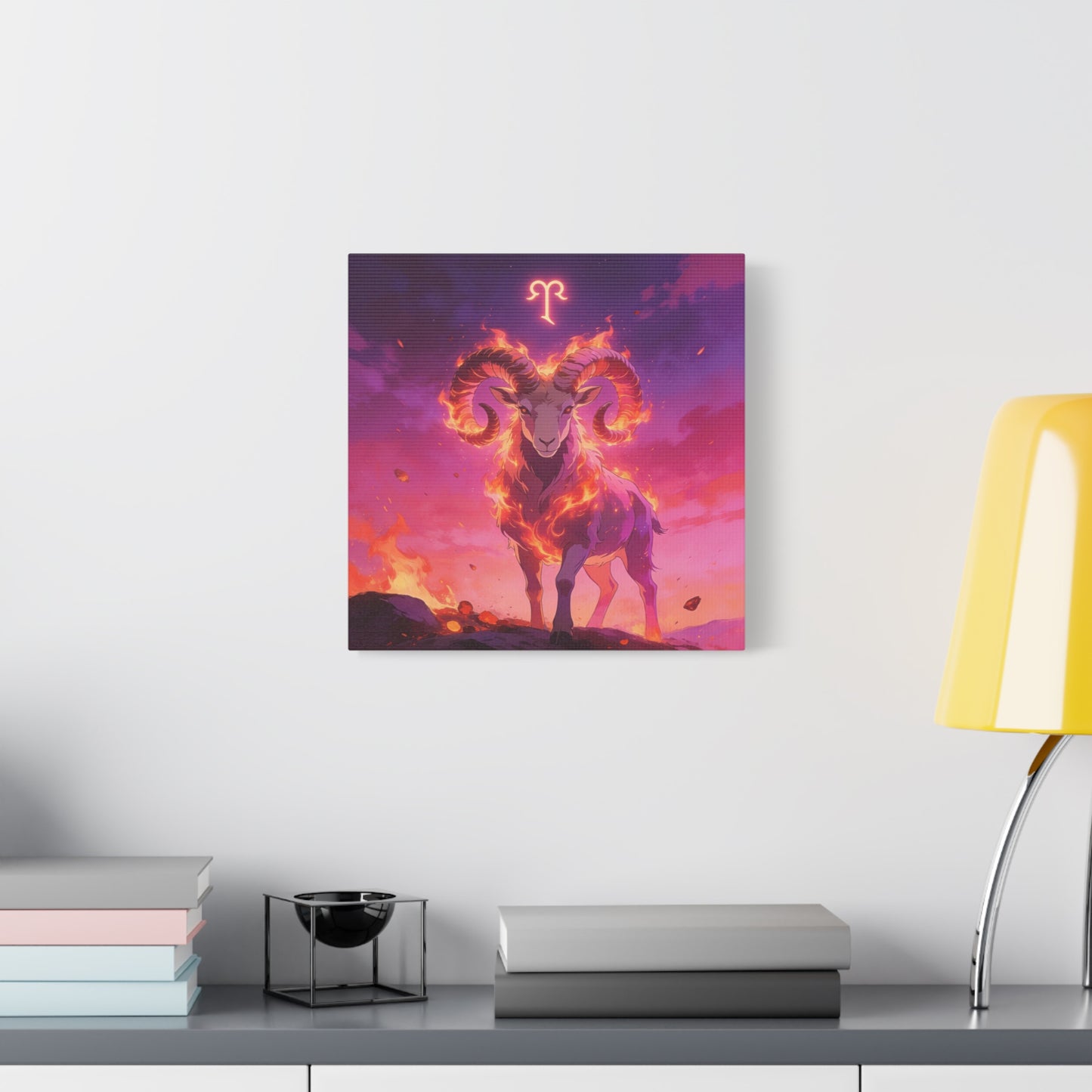 Aries Ram Canvas Wall Art - Fiery Zodiac Illustration, Purple Pink Flame Sky, Matte Canvas Print, Modern Fantasy Style, Bedroom Wall Decor, Home Office Accent, Statement Piece For Astrology Lovers