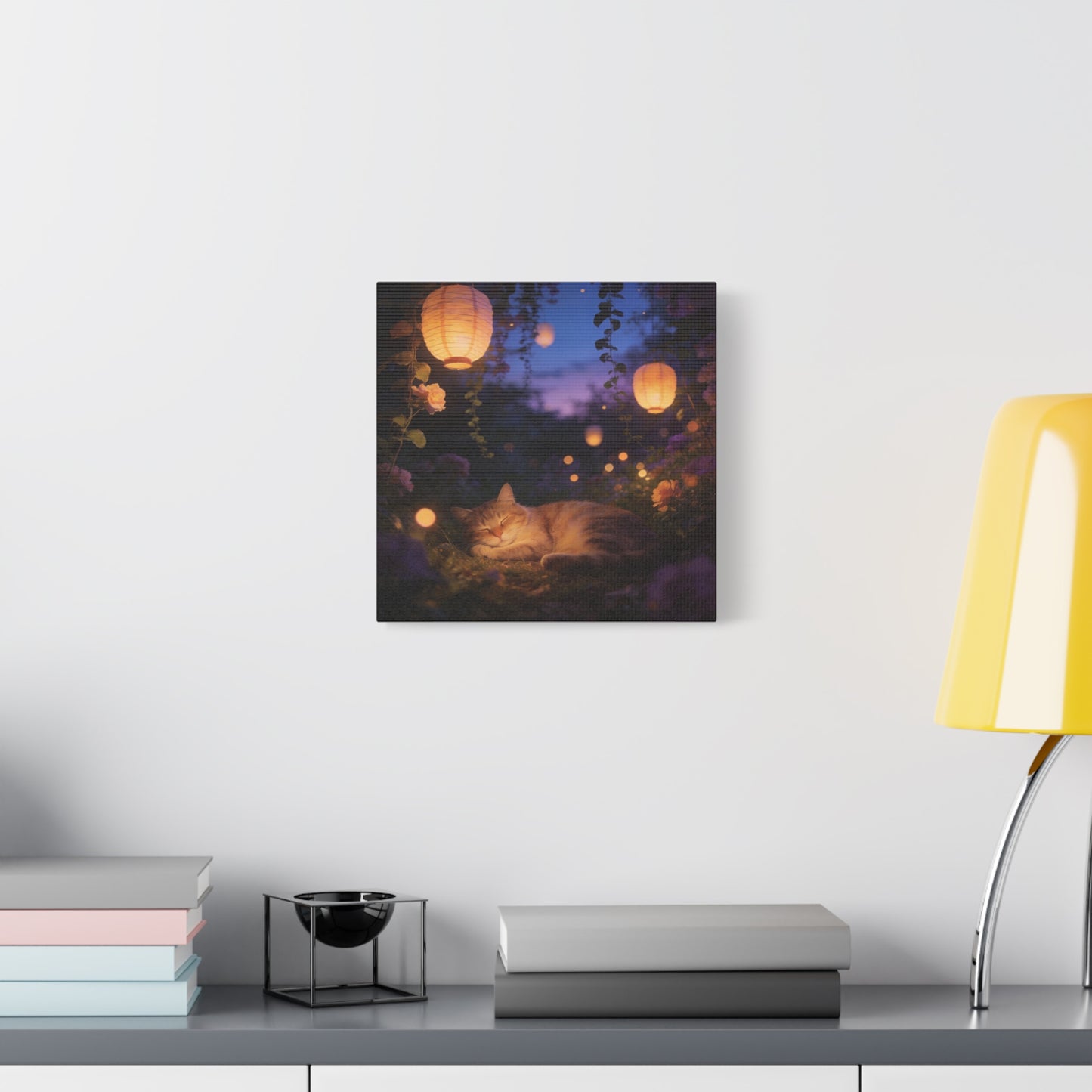 Sleeping Cat Canvas Wall Art - Lantern Lit Garden Night Scene, Dreamy Floral Canvas Print - Calming Cottagecore Style, Bedroom Wall Decor, Living Room Home Decoration - Bedroom Home Decoration