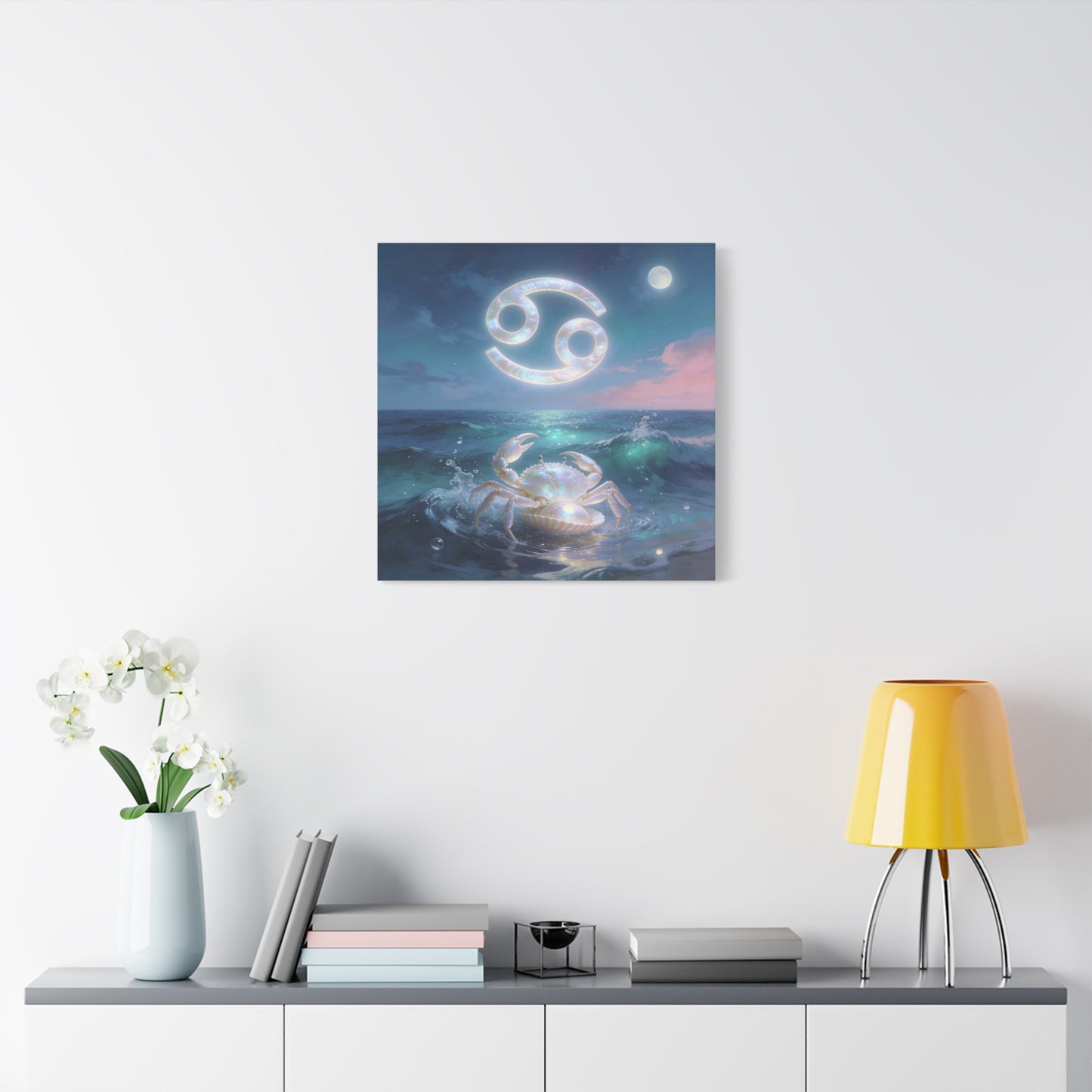 Cancer Zodiac Canvas Wall Art - Moonlit Ocean Crab, Iridescent Shell Symbol - Coastal Celestial Print, Dreamy Blue Seascape - Bedroom Home Decoration, Living Room Wall Decor - Bedroom Home Decoration