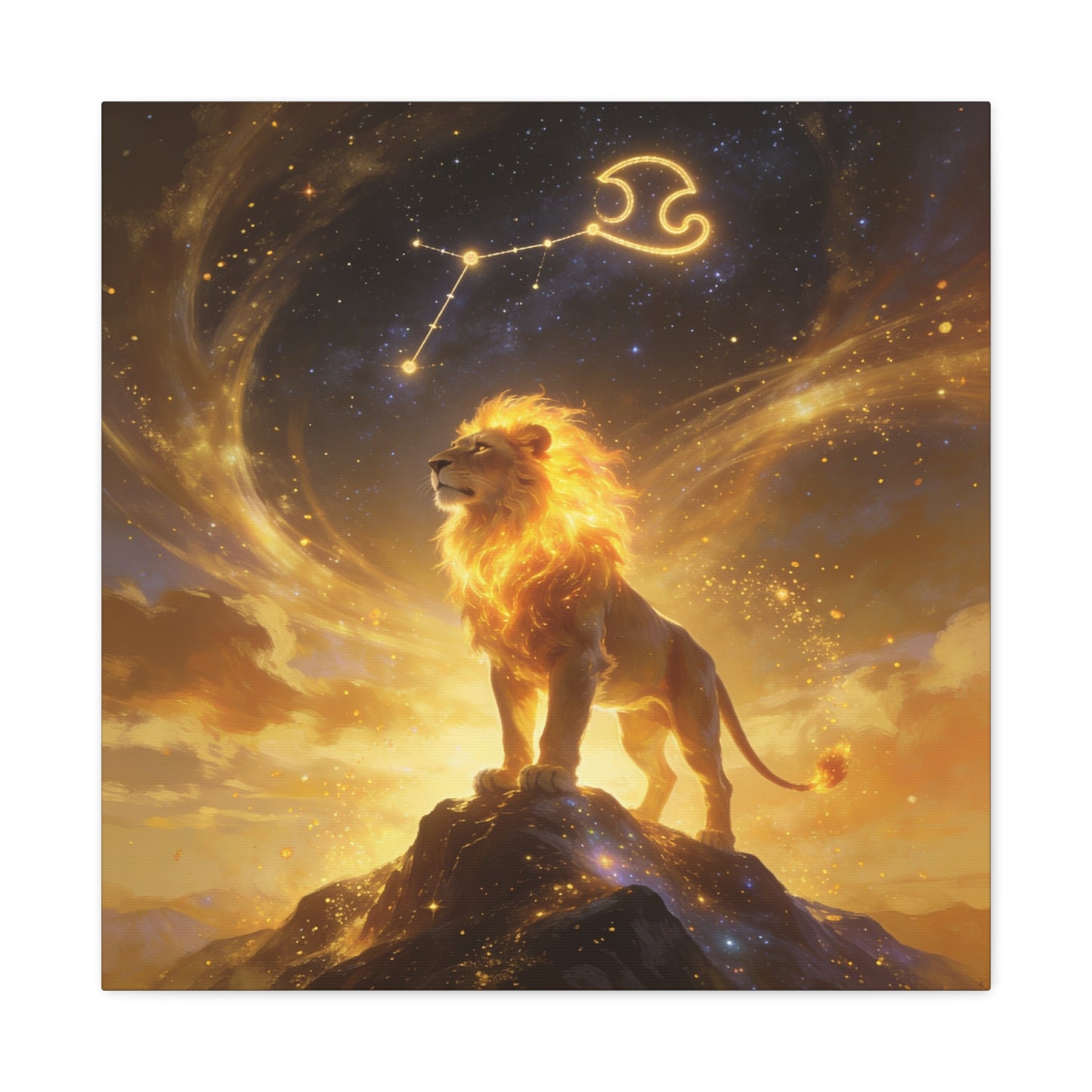 Leo Zodiac Lion Canvas Wall Art - Celestial Astrology Constellation Print, Glowing Gold Cosmic Sky - Fantasy Style, Living Room Wall Decor Bedroom Home Decoration Office Art - Bedroom Home Decoration