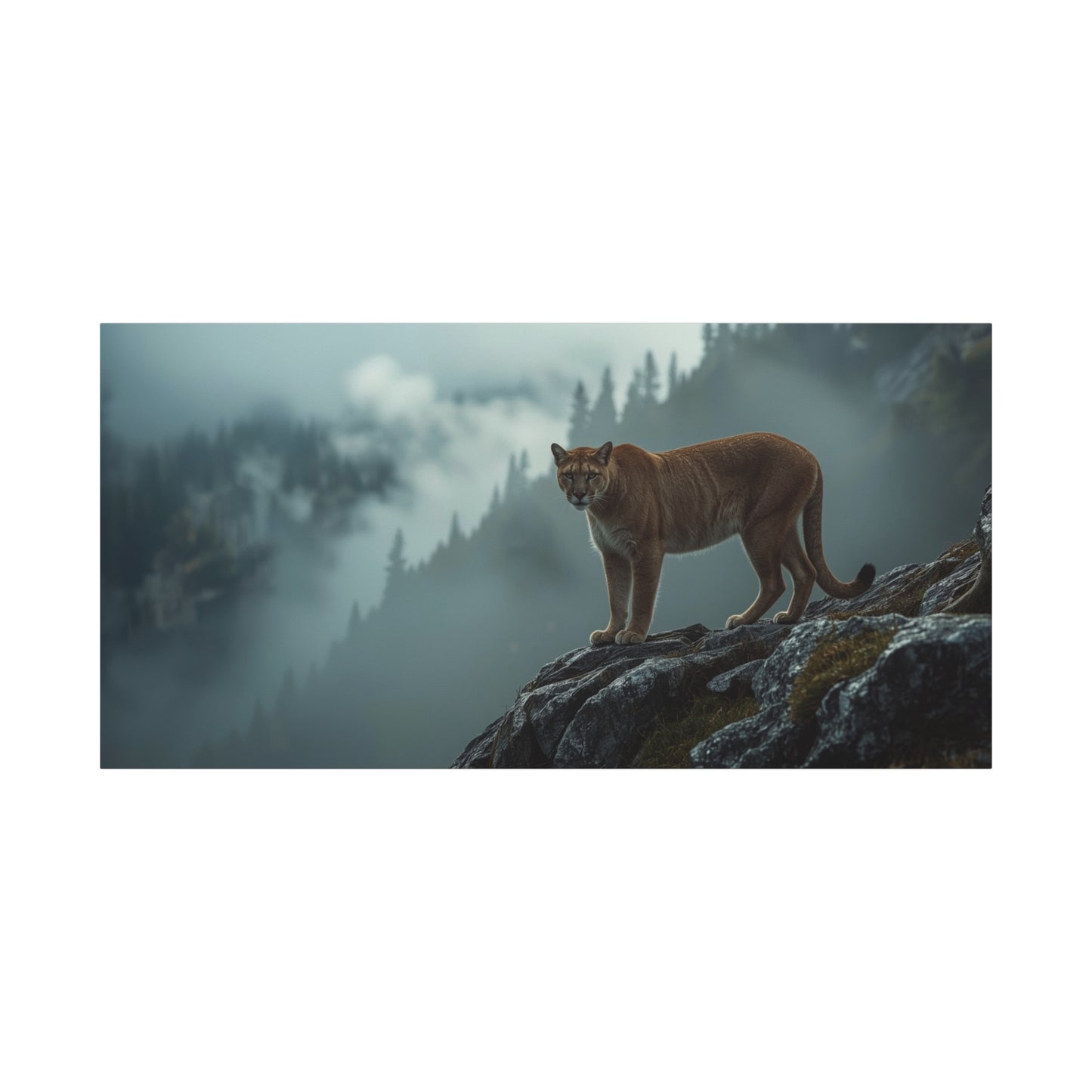 Mountain Lion Canvas Wall Art - Misty Forest Wildlife Landscape, Matte Canvas Print - Moody Contemporary Nature Decor - Living Room Wall Decor, Office Art, Rustic Lodge Accent - Modern Farmhouse Style