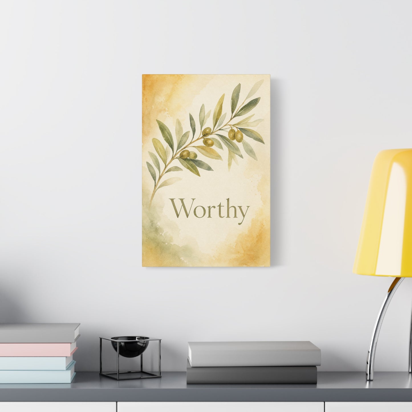 "Worthy" Olive Branch Canvas Wall Art - Botanical Inspirational Wall Decor - Watercolor Sage Gold Canvas Print - Bedroom Living Room Decoration - Ready to Hang - Bedroom Home Decoration