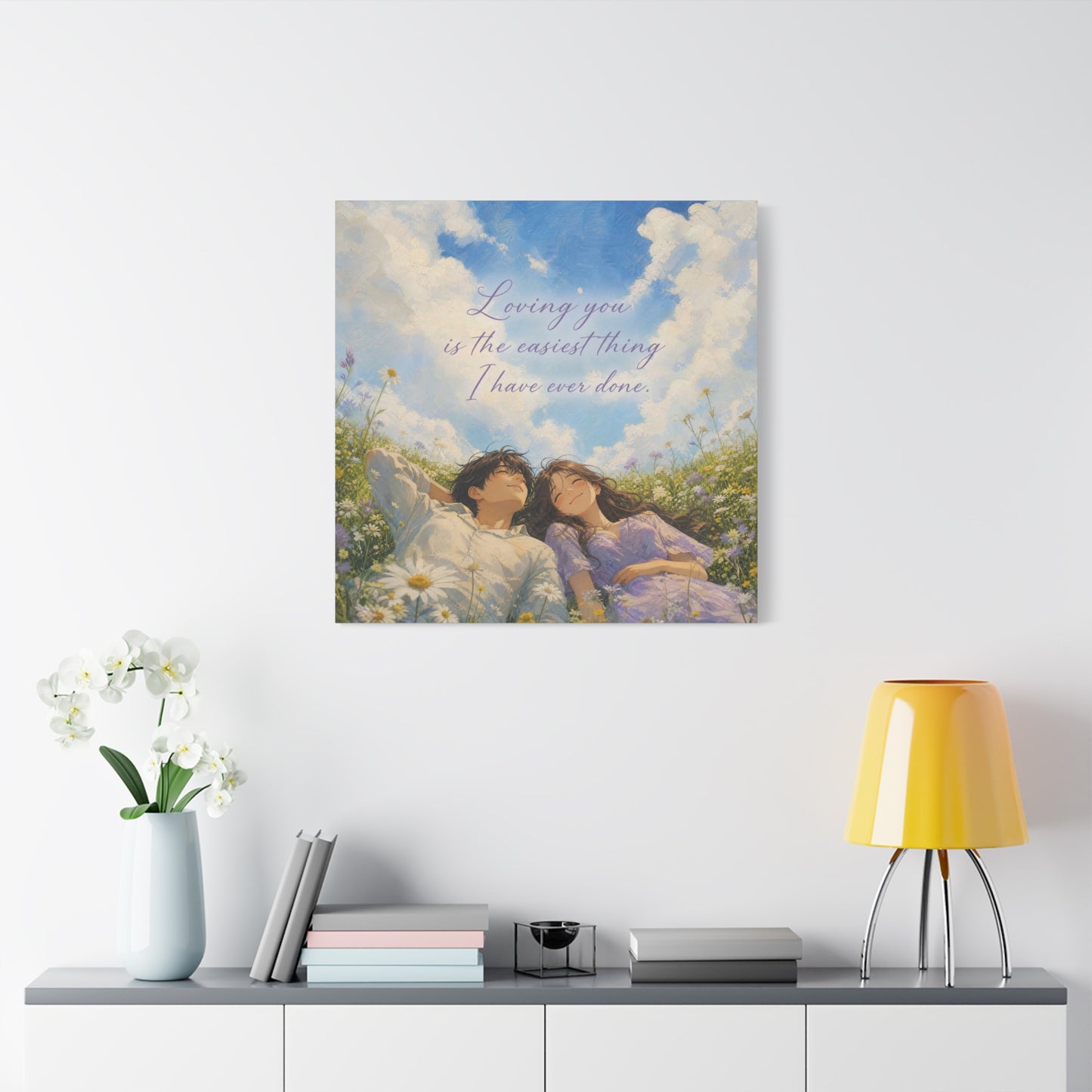 "Loving You Is The Easiest Thing I Have Ever Done." Canvas Wall Art - Romantic Couple In Wildflower Meadow Sky Quote Print - Dreamy Pastel Illustration - Ready to Hang - Living Room Wall Decor
