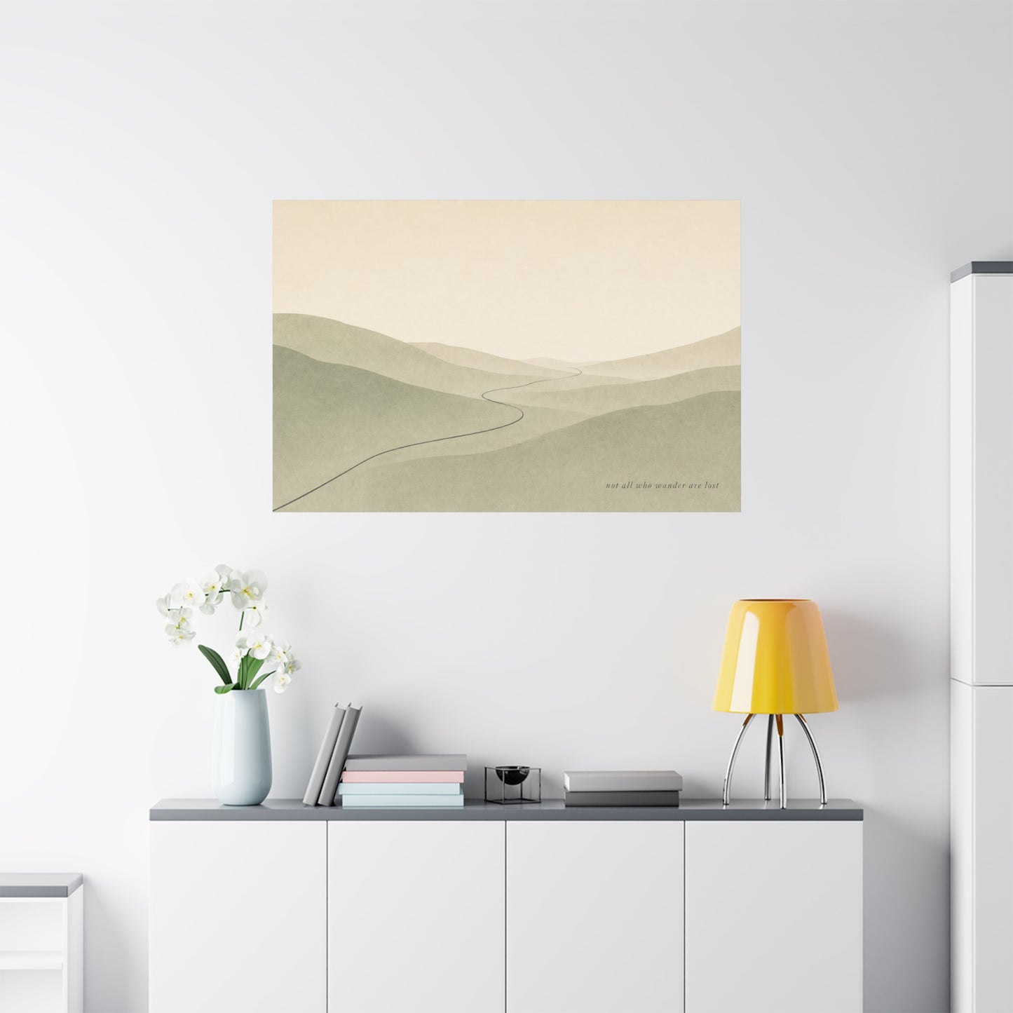 "Not All Who Wander Are Lost" Minimalist Landscape Canvas Wall Art - Misty Hills, Winding Path, Neutral Sage Beige Tones - Modern Wall Decor For Bedroom, Living Room, Home Office - Ready to Hang