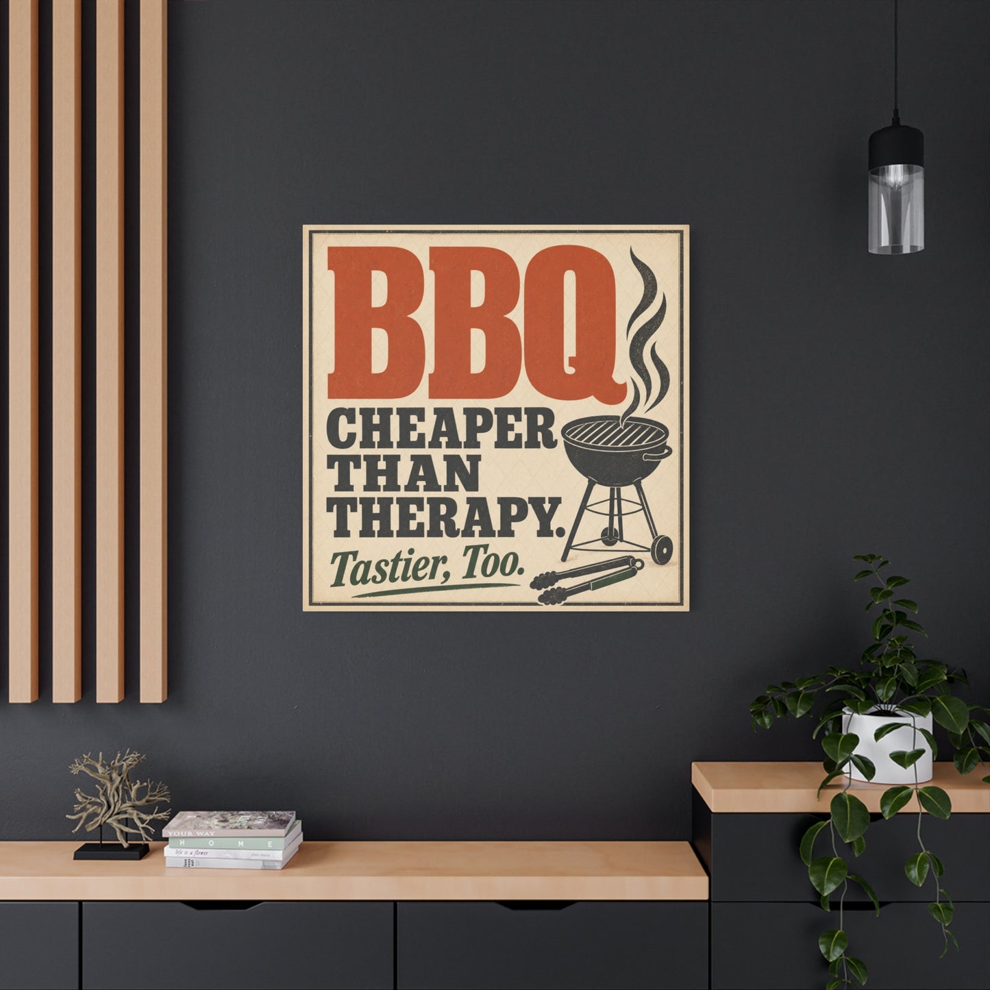 "BBQ Cheaper Than Therapy. Tastier, Too." Canvas Wall Art - Vintage Grill Quote Kitchen Decor - Rustic Typography Print, Farmhouse Barbecue Sign - Modern Farmhouse Style - Living Room Wall Decor