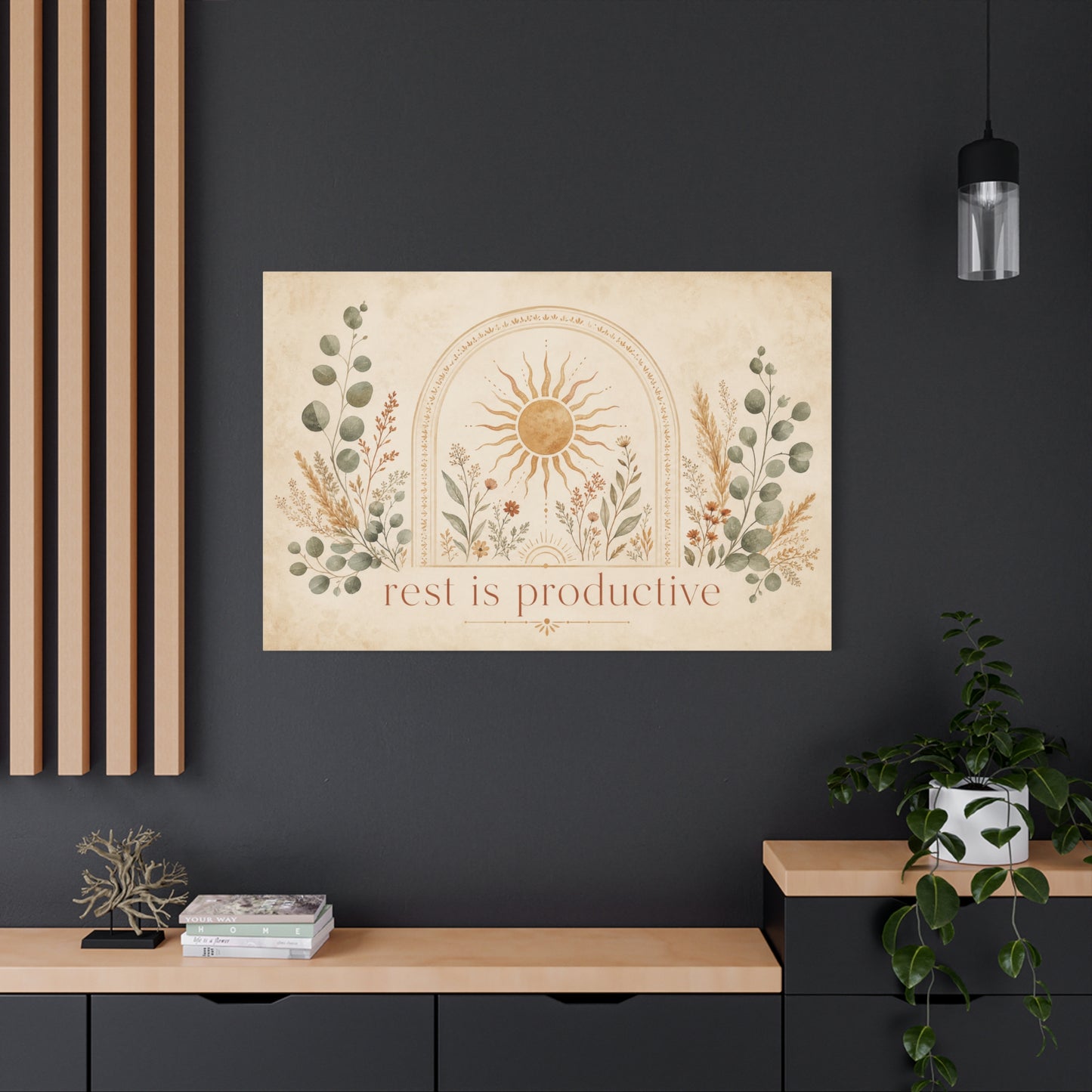 "Rest Is Productive" Inspirational Canvas Wall Art - Boho Sun And Botanical Arch Print - Neutral Typography Decor - Bedroom Living Room Decoration - Office Wall Art - Bedroom Home Decoration