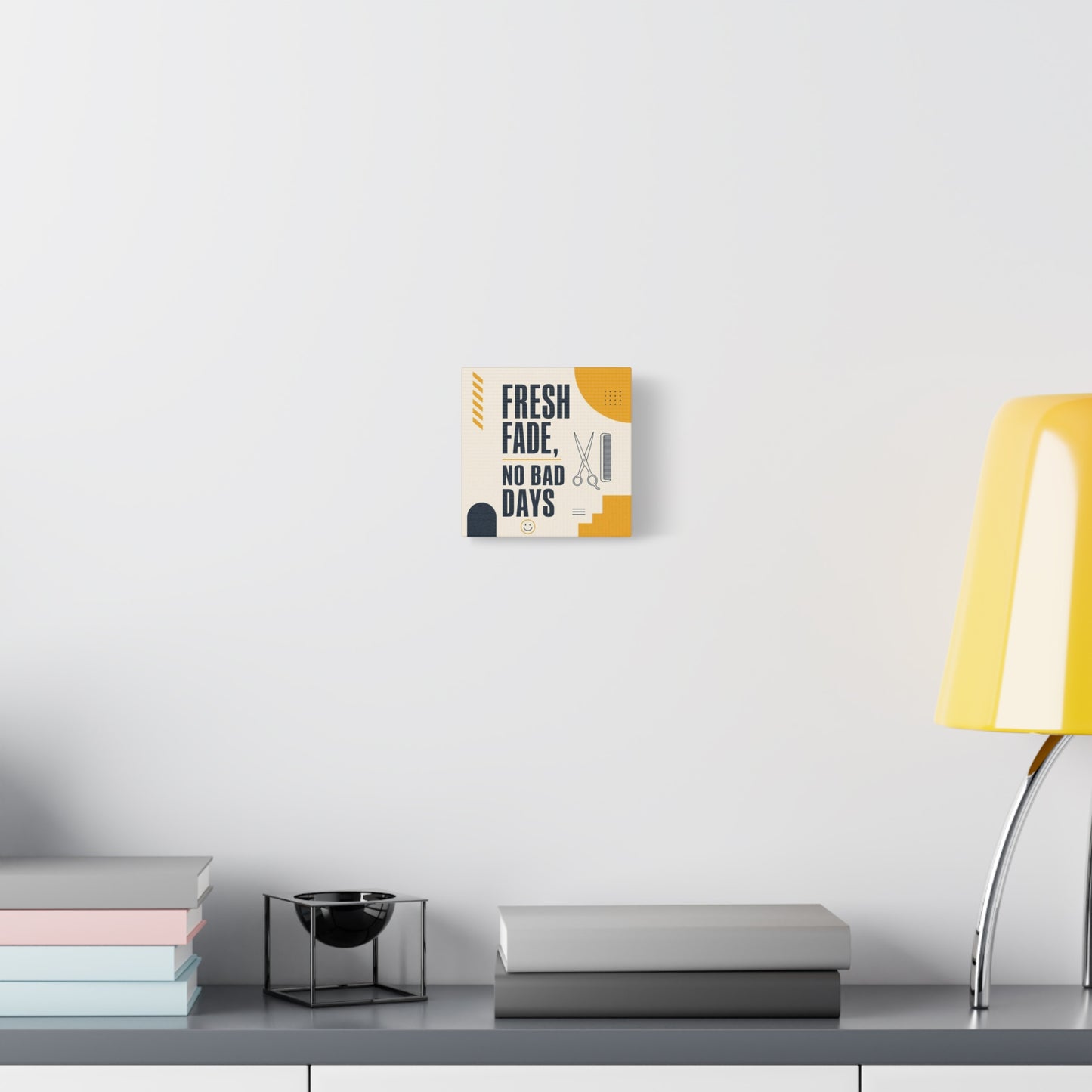 "Fresh Fade, No Bad Days" Barber Shop Canvas Wall Art - Scissors And Comb Typography Print - Modern Yellow Black Salon Decor - Workspace Wall Decor, Lobby Wall Art Accent - Gallery Wrapped Canvas