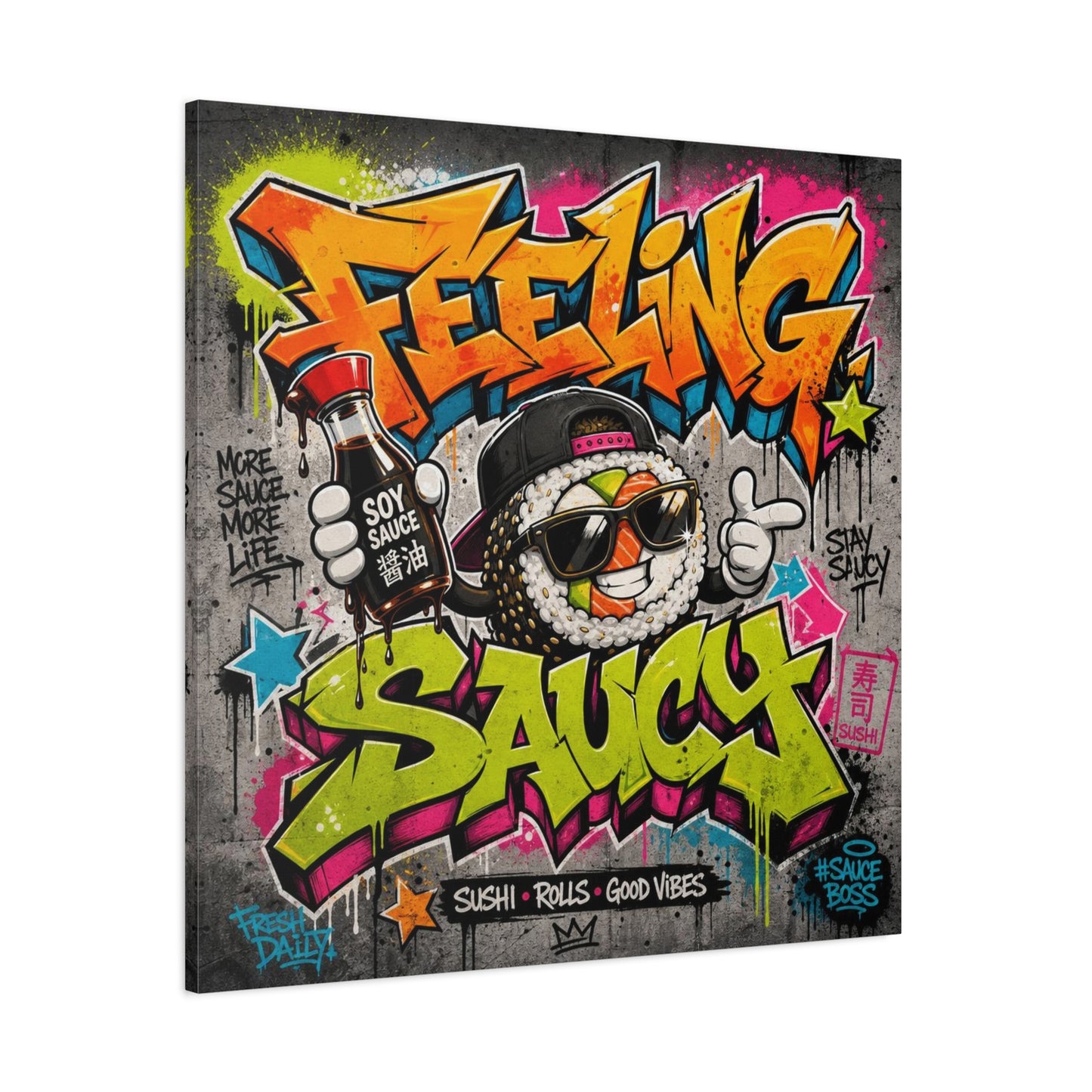"Feeling Sauce" Graffiti Canvas Wall Art - Sushi Roll Street Illustration, Urban Pop Typography, Matte Cotton Print, Contemporary Decor for Kitchen Nook, Dining Space, Cafe Interior Accent