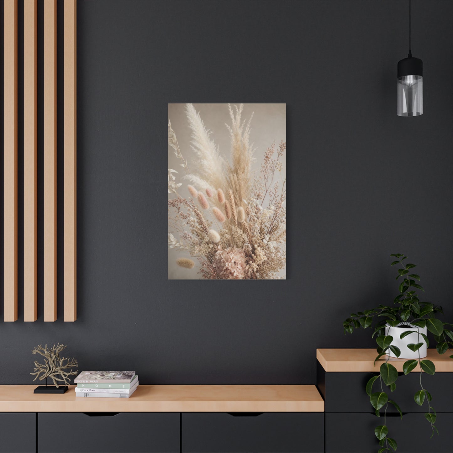 Dried Pampas Grass Floral Canvas Wall Art - Neutral Botanical Bouquet, Blush Bunny Tail Stems, Cotton Canvas Print - Bohemian Farmhouse Style - Bedroom Wall Decor, Spa Accent - Bedroom Home Decoration