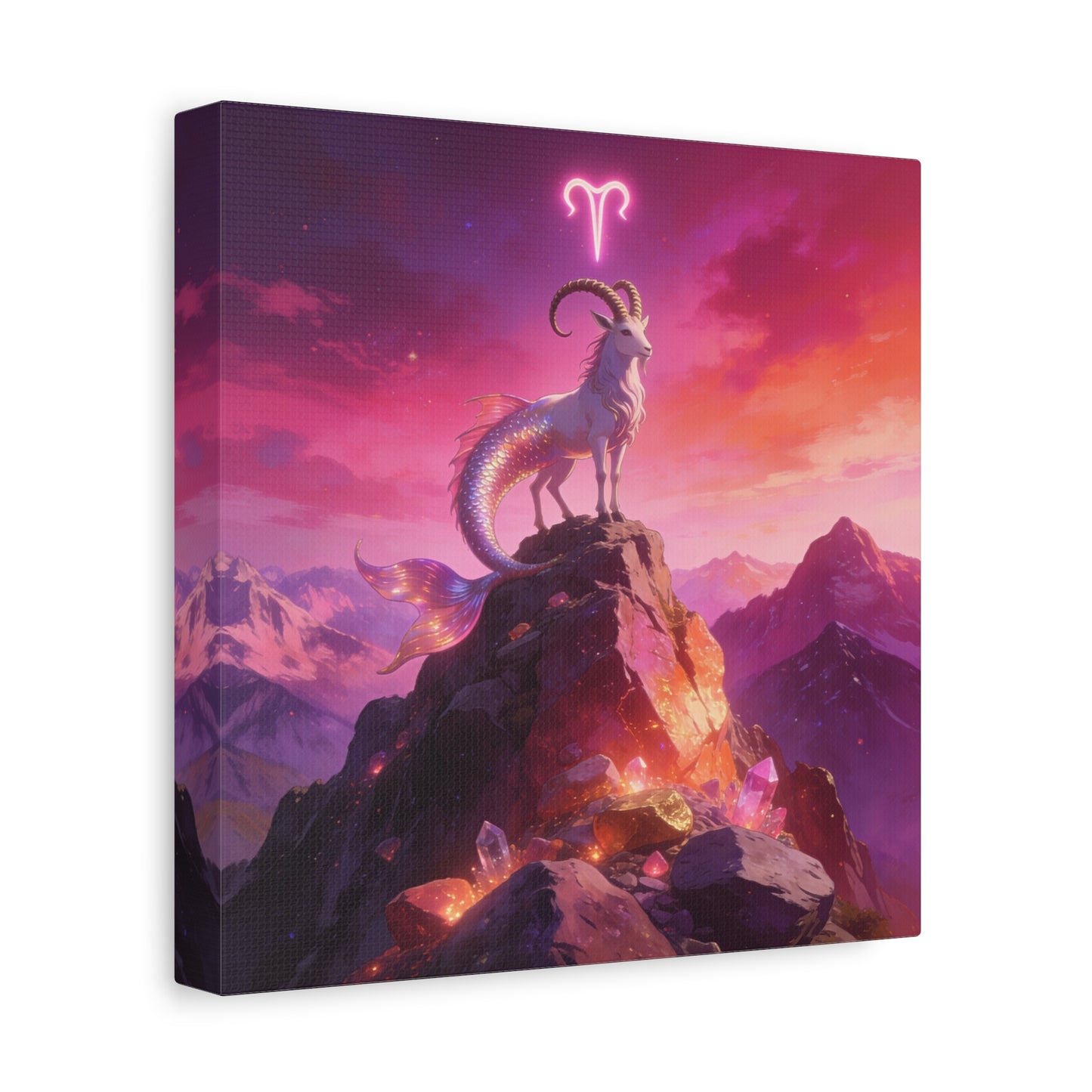 Aries Zodiac Mermaid Goat Canvas Wall Art - Fantasy Mountain Crystal Scene - Pink Purple Celestial Illustration - Modern Mystical Decor, Bedroom Home Decoration, Office Wall Art - Ready to Hang