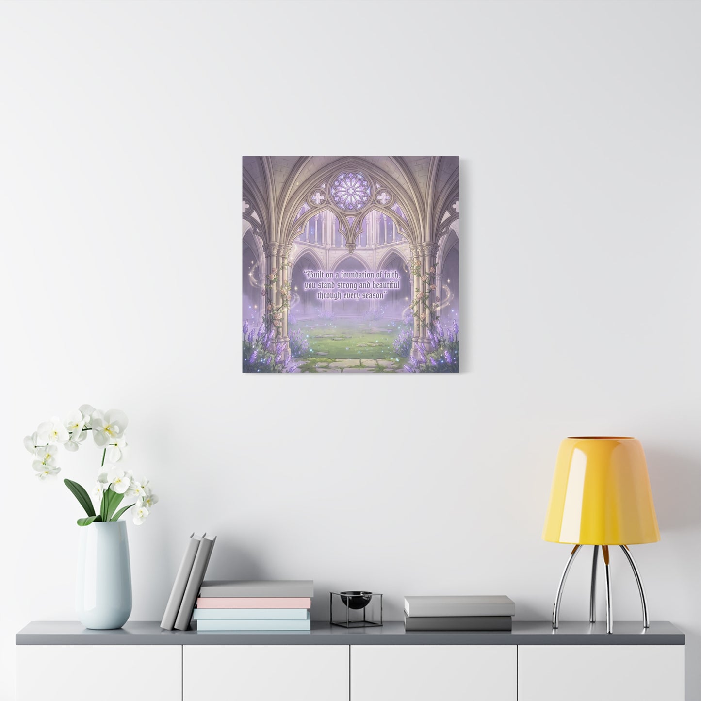 "Built On A Foundation Of Faith, You Stand Strong And Beautiful Through Every Season" Canvas Wall Art - Gothic Cathedral Arch Quote Print - Lavender Floral Decor For Bedroom Living Room
