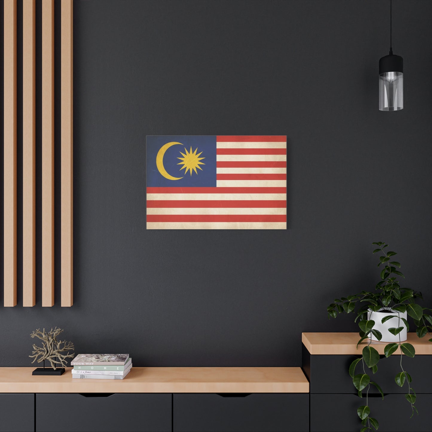 Malaysia Flag Canvas Wall Art - Vintage Malaysian Crescent And 14 Point Star Print - Patriotic Red White Blue Stripes - Cultural Heritage Decor - Living Room Office Wall Decor - Modern Farmhouse Style