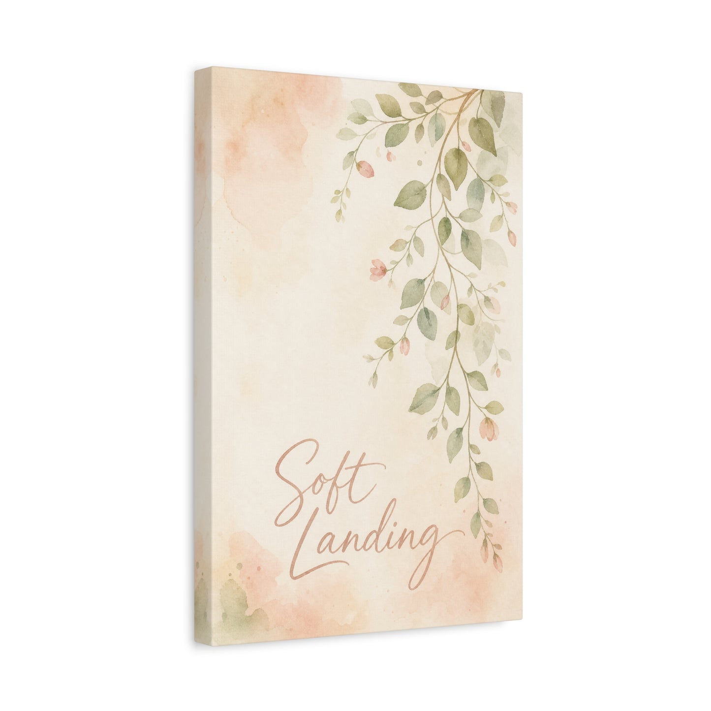 "Soft Landing" Botanical Canvas Wall Art - Watercolor Leaf Branch Quote Print - Blush Sage Floral Typography Decor - Bedroom Wall Hanging - Bedroom Home Decoration - Modern Farmhouse Style