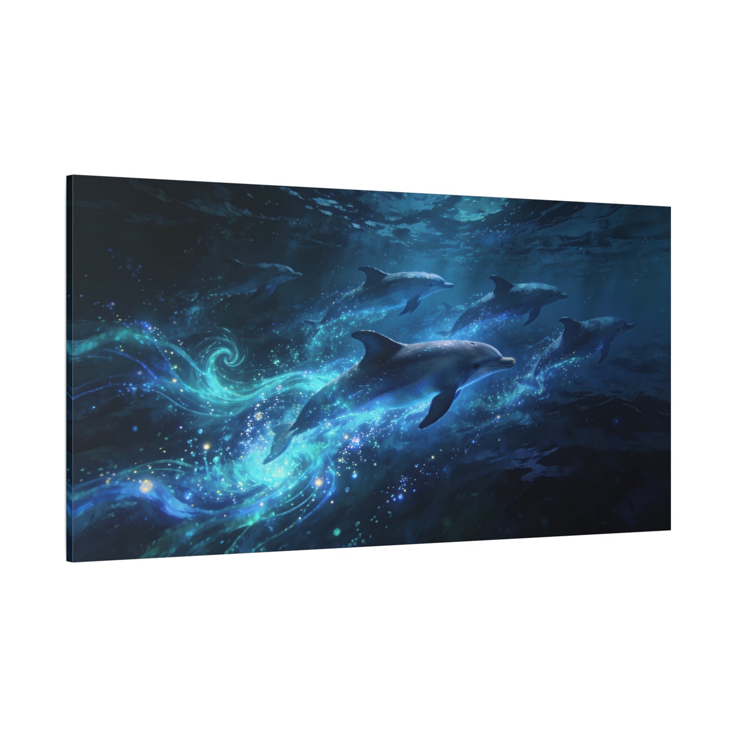 Dolphin Pod Canvas Wall Art - Glowing Underwater Ocean Scene, Blue Fantasy Marine Print - Matte Cotton Artwork - Coastal Style Living Room Wall Decor, Bedroom Home Decoration - Bedroom Home Decoration