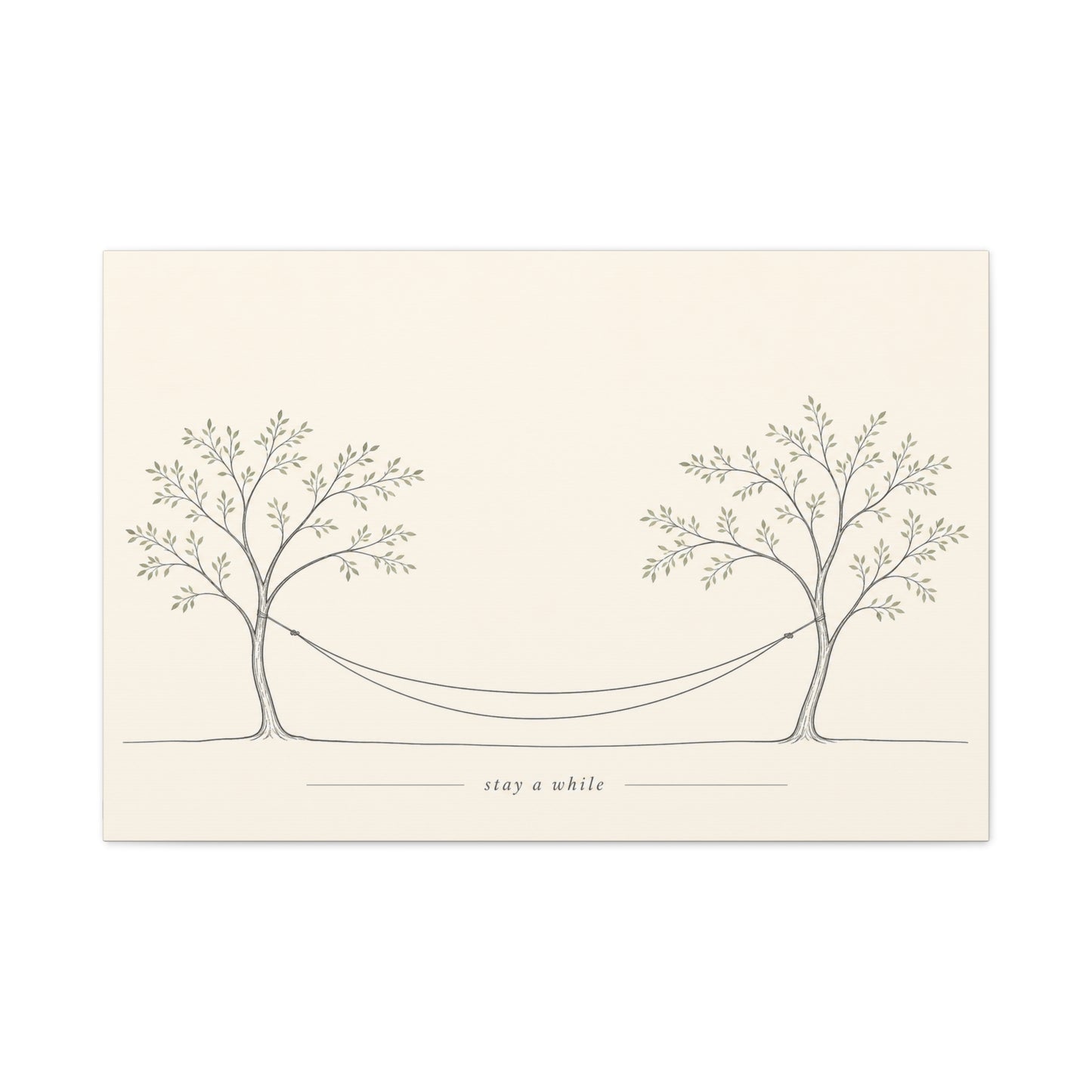 "Stay A While" Hammock Between Trees Canvas Wall Art - Minimalist Botanical Line Drawing, Neutral Beige Cotton Canvas Print - Bedroom Wall Decor, Living Room Home Decoration - Bedroom Home Decoration