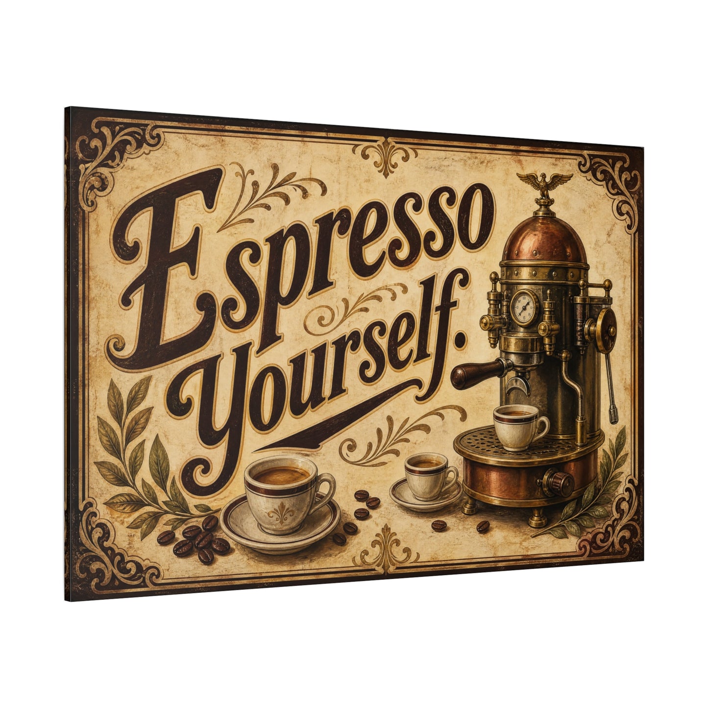 "Espresso Yourself" Coffee Canvas Wall Art - Vintage Espresso Machine Decor - Rustic Cafe Style Matte Print - Ready to Hang - Ready to Hang - Coffee Shop Decor - Cafe Wall Art - Gallery Wrapped Canvas
